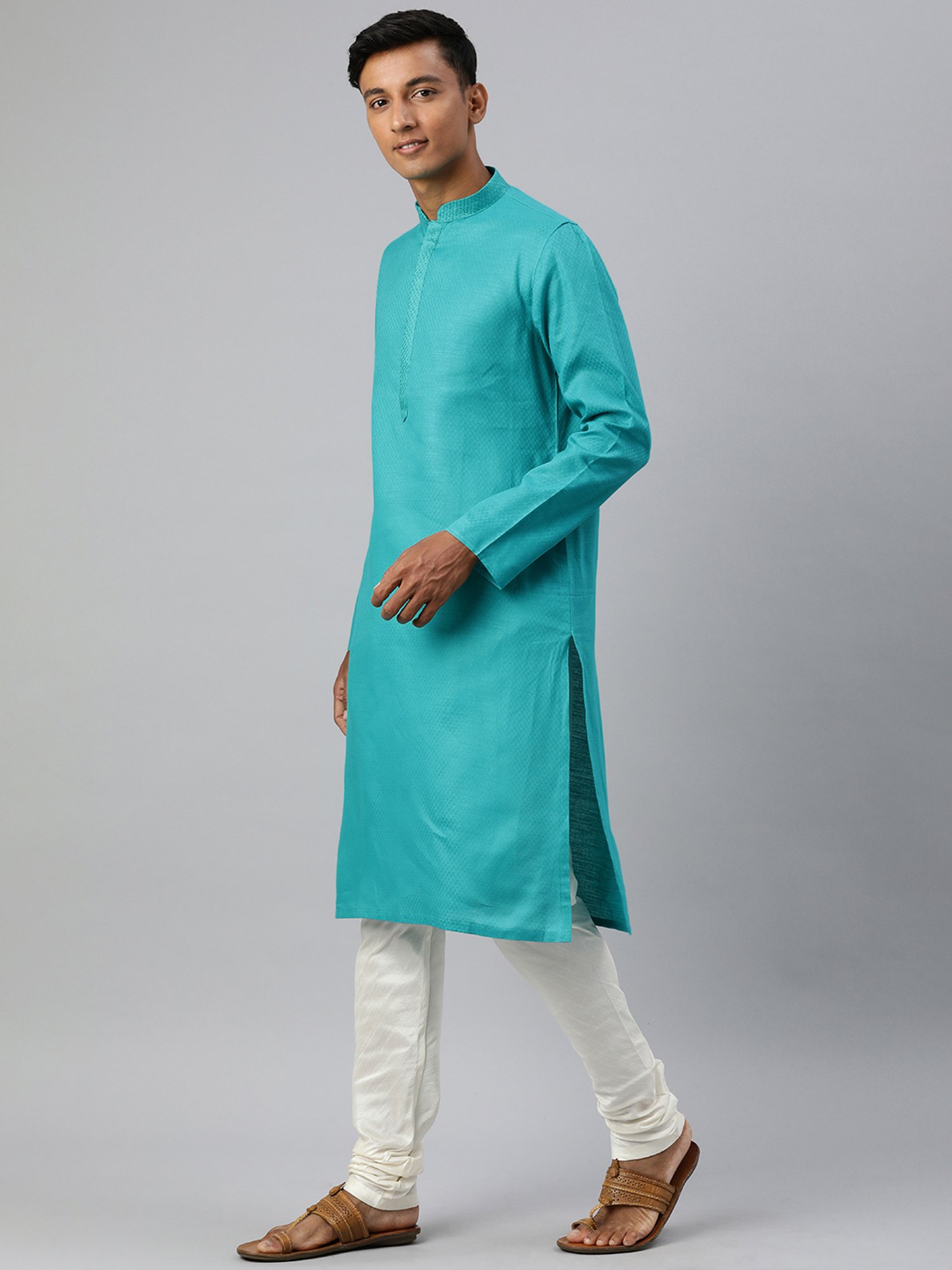 Manthan Aqua & White Regular Fit Self Design Kurta & Churidar Set
