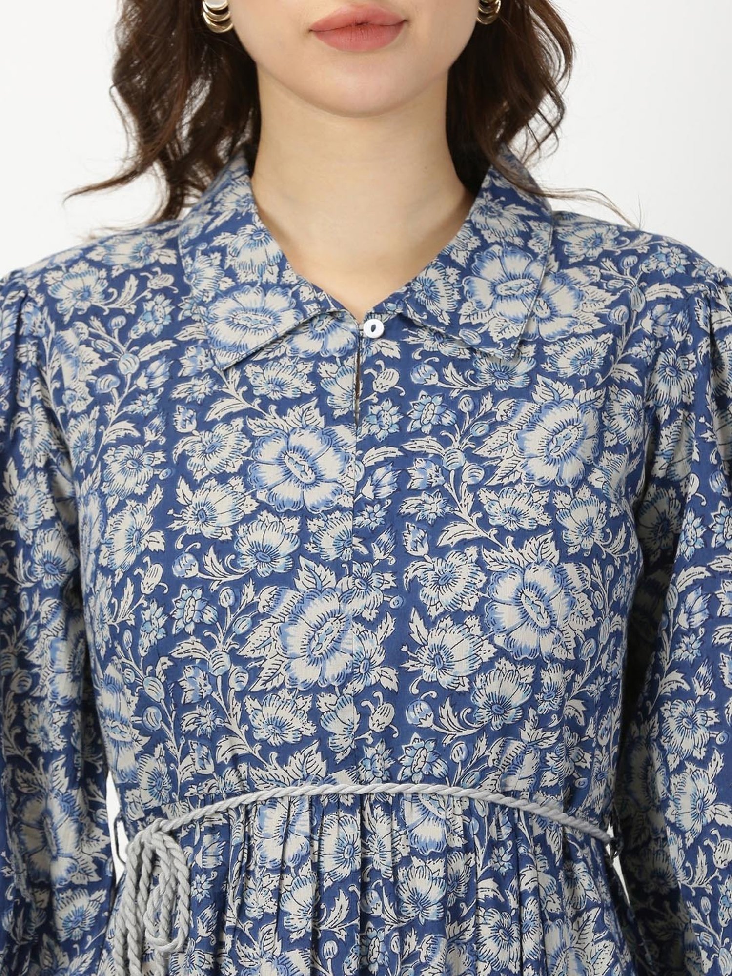 Saffron Threads Blue Cotton Floral Print Ethnic Dress