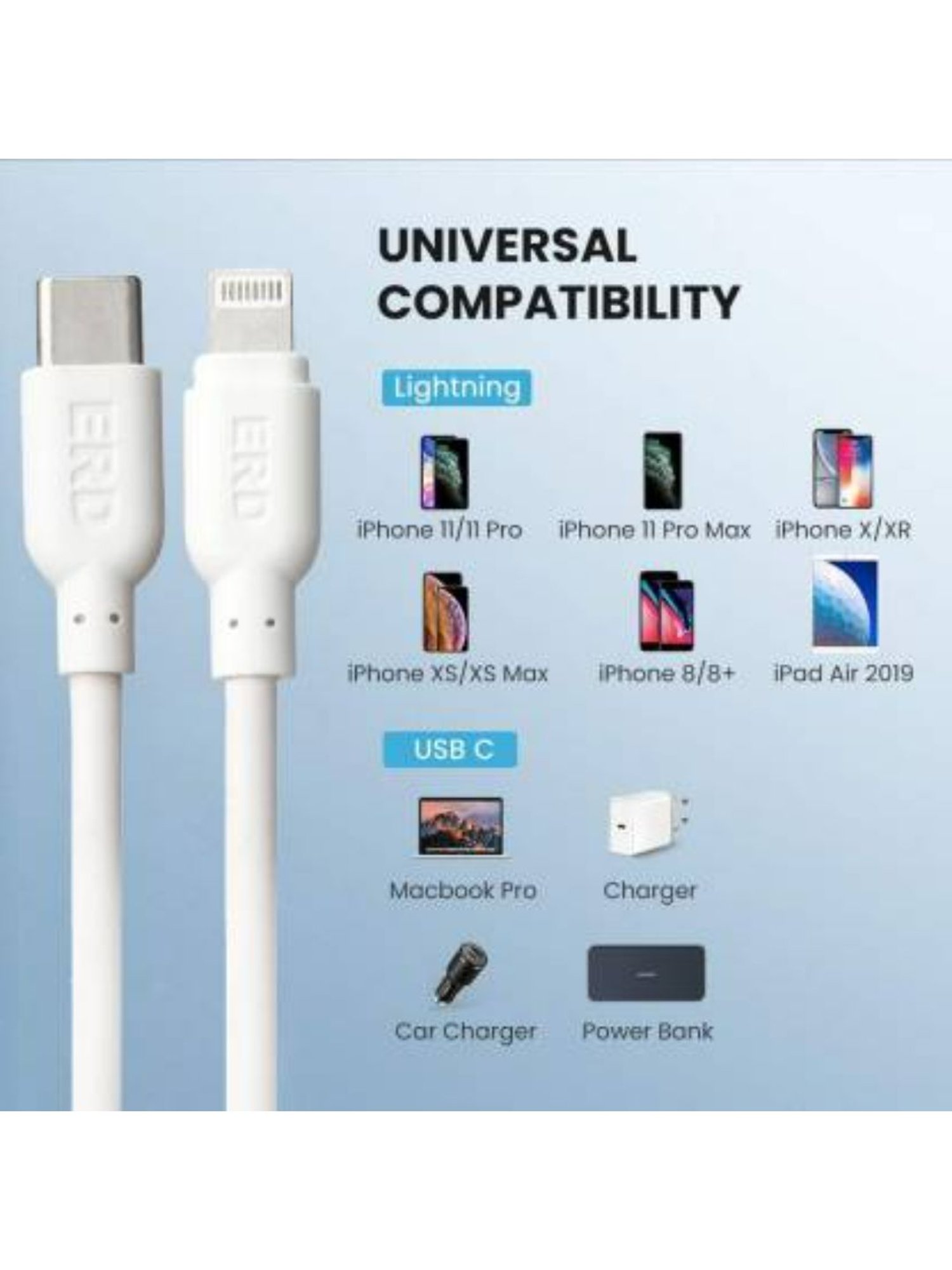 ERD UC-47 IP5 USB CABLE 9V-2 Amp Fast Charging Extra Tough Unbreakable - (White)