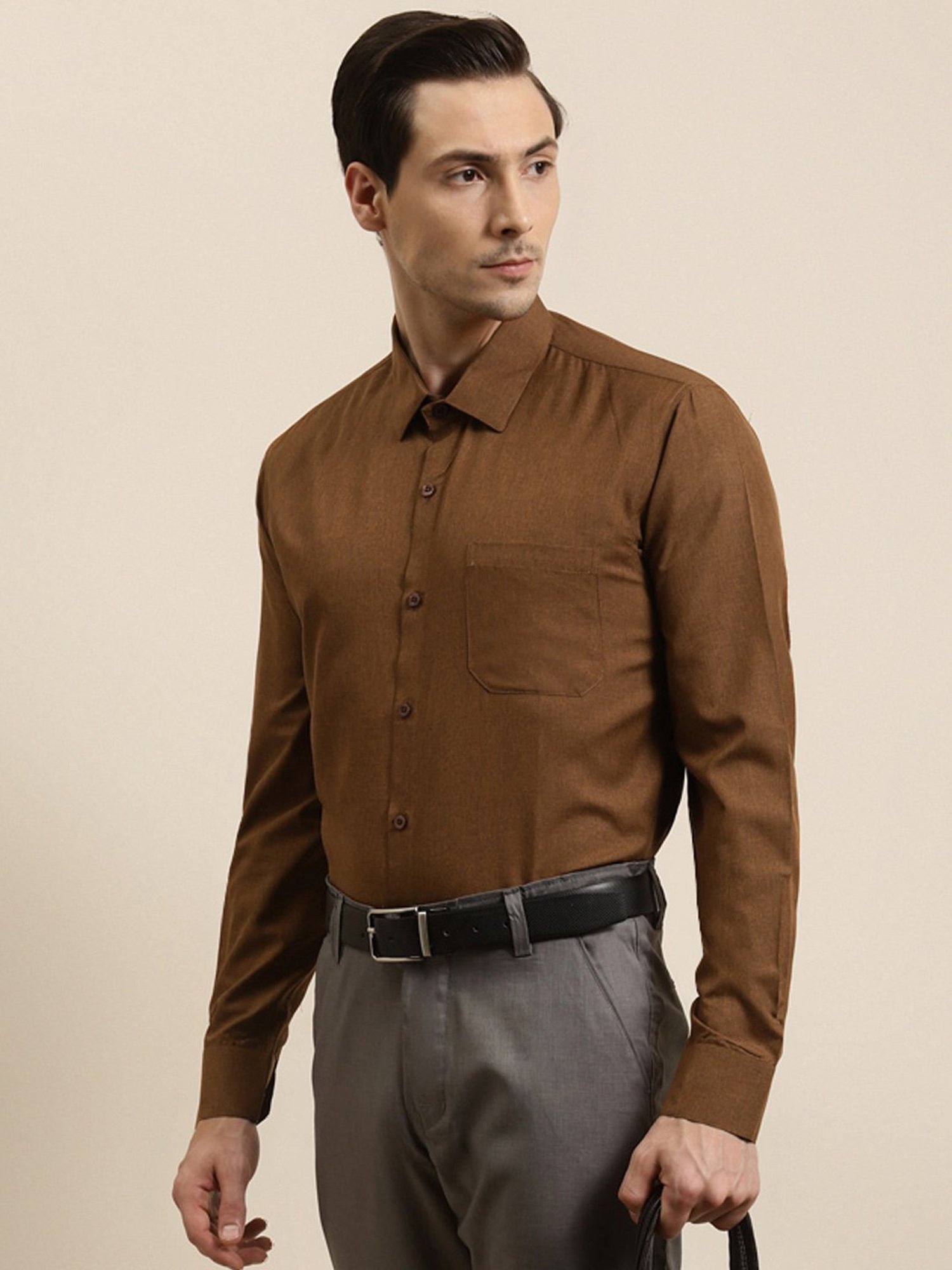 Sojanya Brown Cotton Regular Fit Self Pattern Shirt