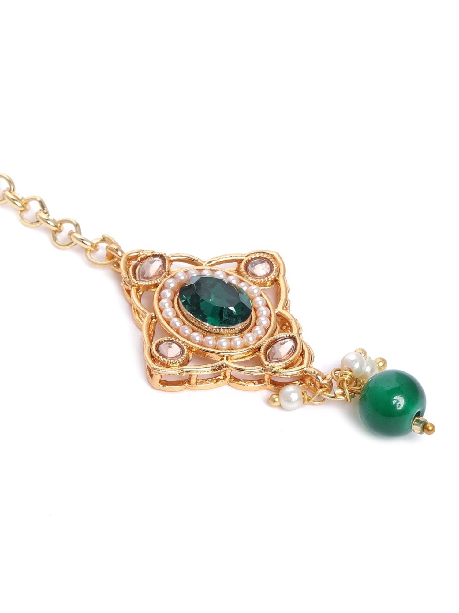 Zaveri Pearls Green Stones & Beads Wedding Collection Necklace Earring & Maangtikka Set-ZPFK10165