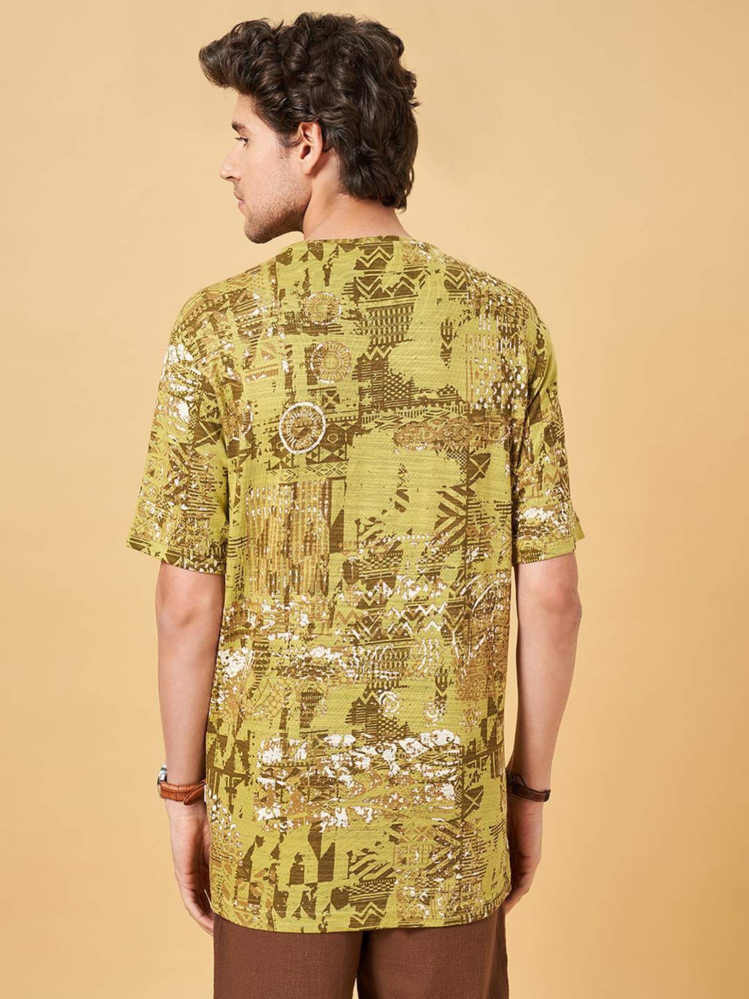 7 Alt by Pantaloons Olive Green Cotton Regular Fit Printed T-Shirt