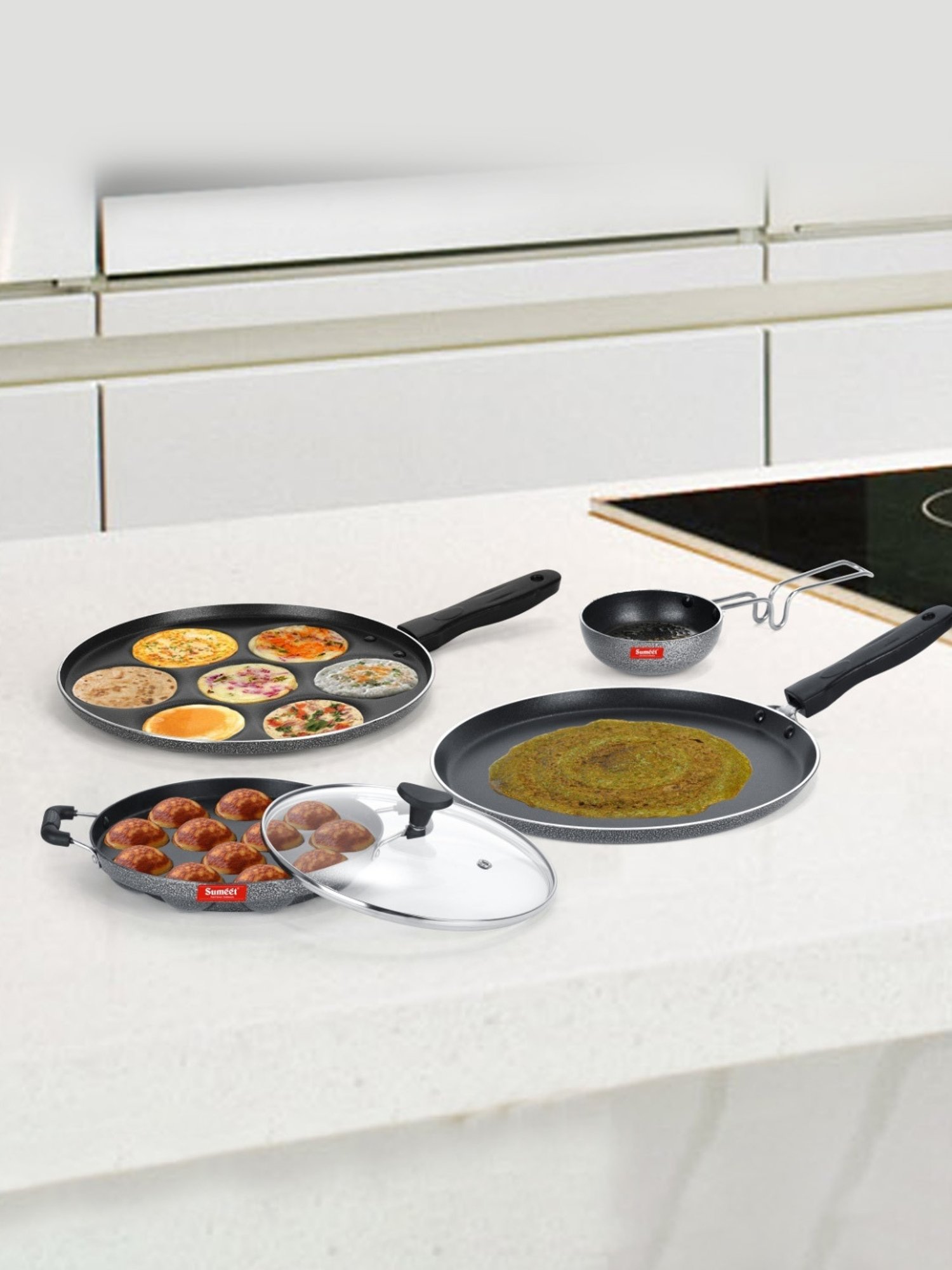 Sumeet NonStick Cookware Set(Dosa Tawa+Multi Snack Maker+Grill Appam Patra with Glass Lid+Tadka pan)