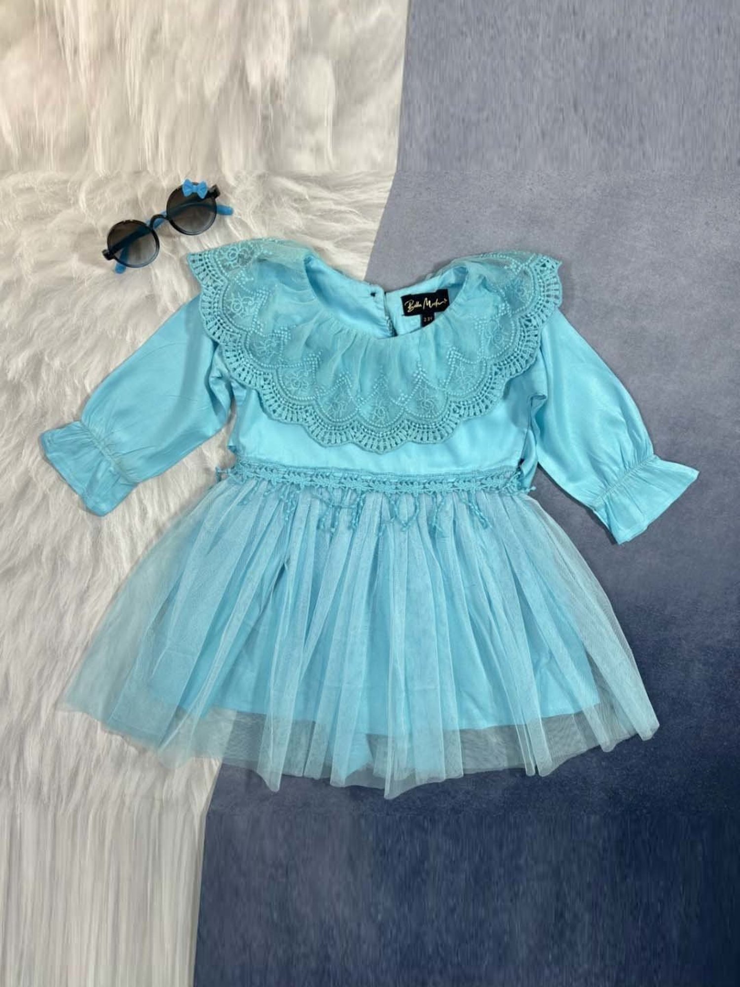 Bella Moda Kids Sky Blue Embroidered Full Sleeves Dress