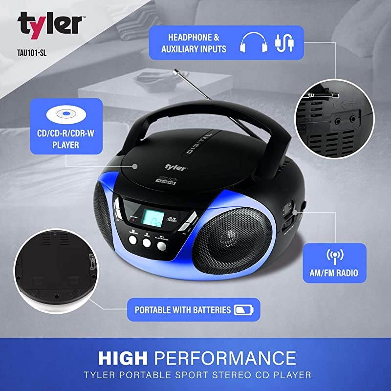 TAU101BL Portable Sport Stereo CD Player Single Disc Speakers AMFM Radio Headphone Jack Playback Function and Aux for iPod Walkman MP3 Compact Size and Battery Power Blue