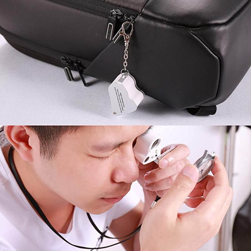 Portable Lighted LED Illuminated Jewelry Magnifier 30X 60X Wearable Handheld Dual Lens Eye Loupe Magnifying Glasses Micro Microscope with Keychain and Lanyard