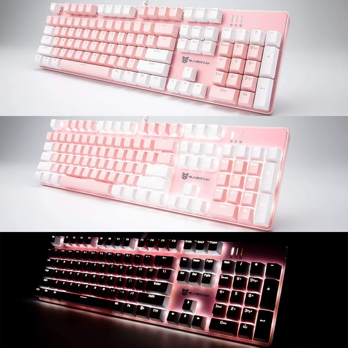 Qisan Mechanical Gaming Keyboard Full Size 104 Keys US Layout Wired Blue Switch Backlit Keyboard with Pink & White Color