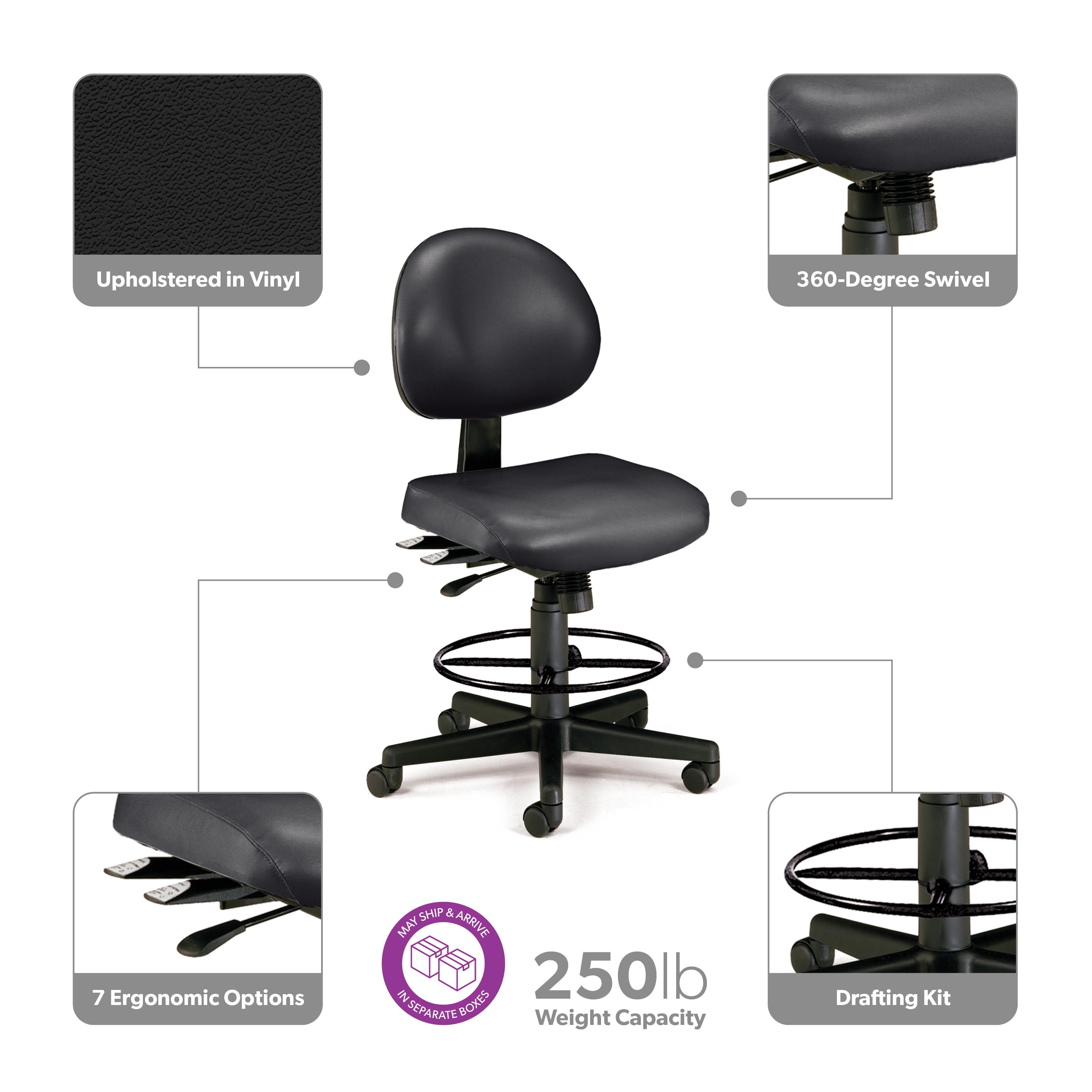 OFM 24 Hour Ergonomic Armless Task Chair with Drafting Kit, Anti-Microbial/Anti-Bacterial Vinyl, in Black (241-VAM-DK-606)
