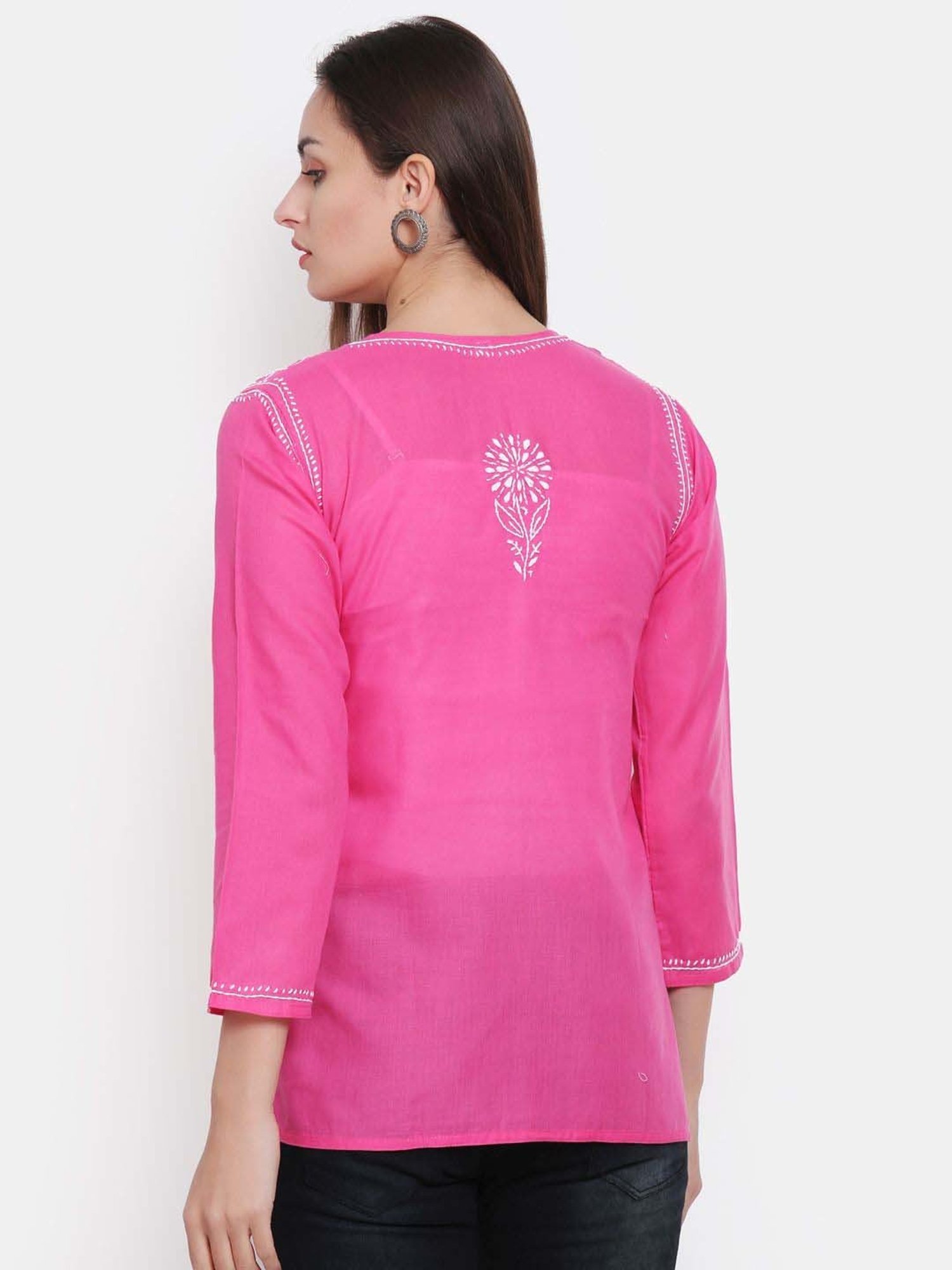 PARAMOUNT CHIKAN Hot Pink Cotton Chikankari Straight Kurti