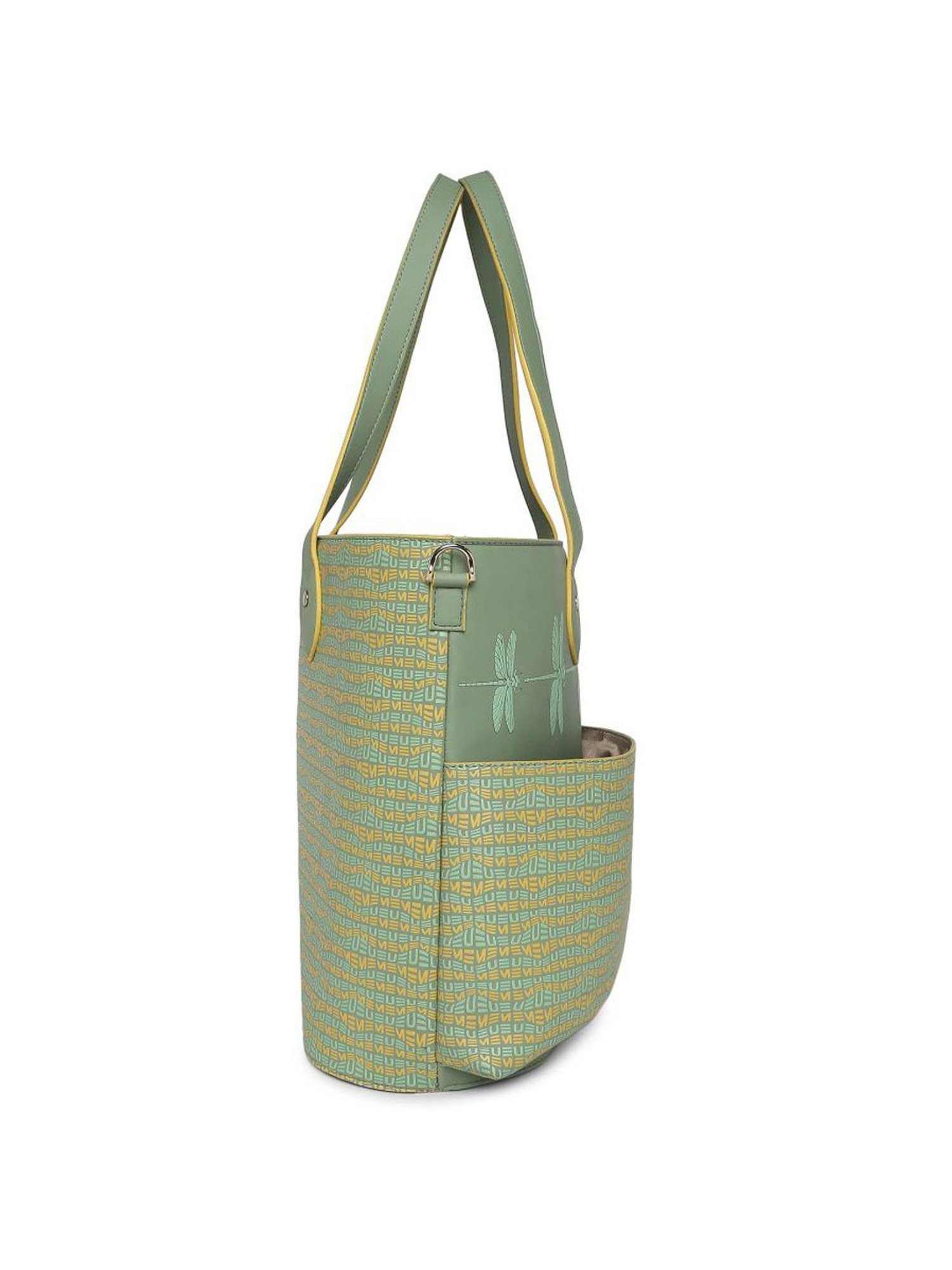 Eume Dragonfly Basil Green Leather Printed Shoulder Handbag