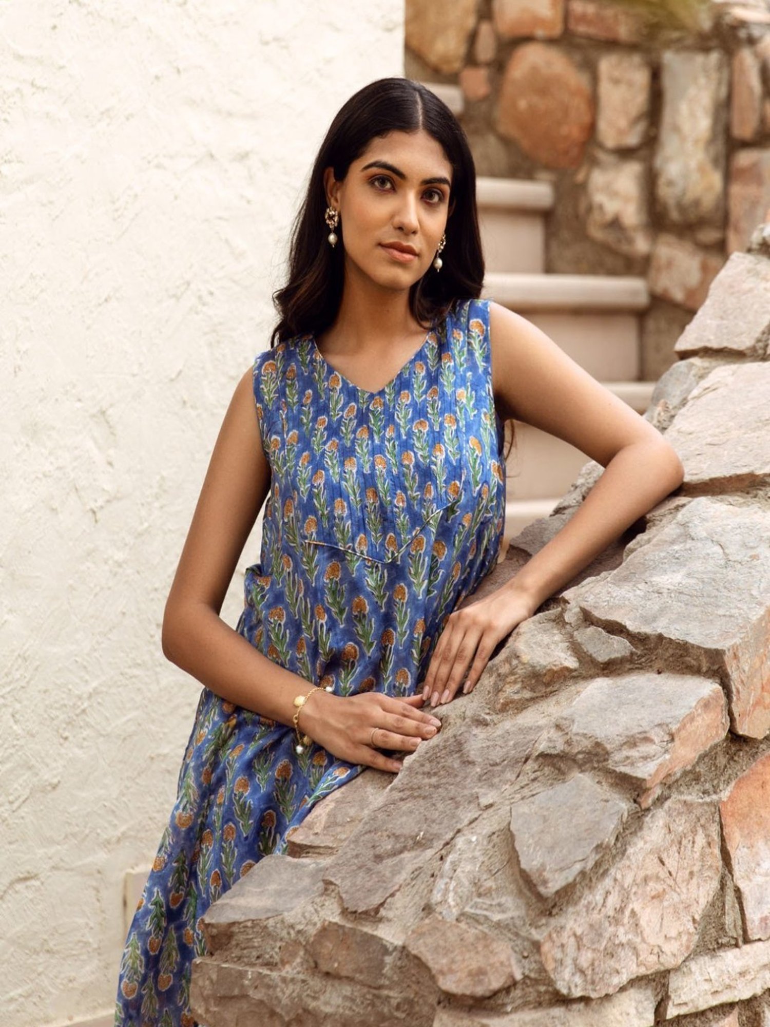 Asrumo Blue Handblock Chanderi A-Line Kurta Style Coord Set