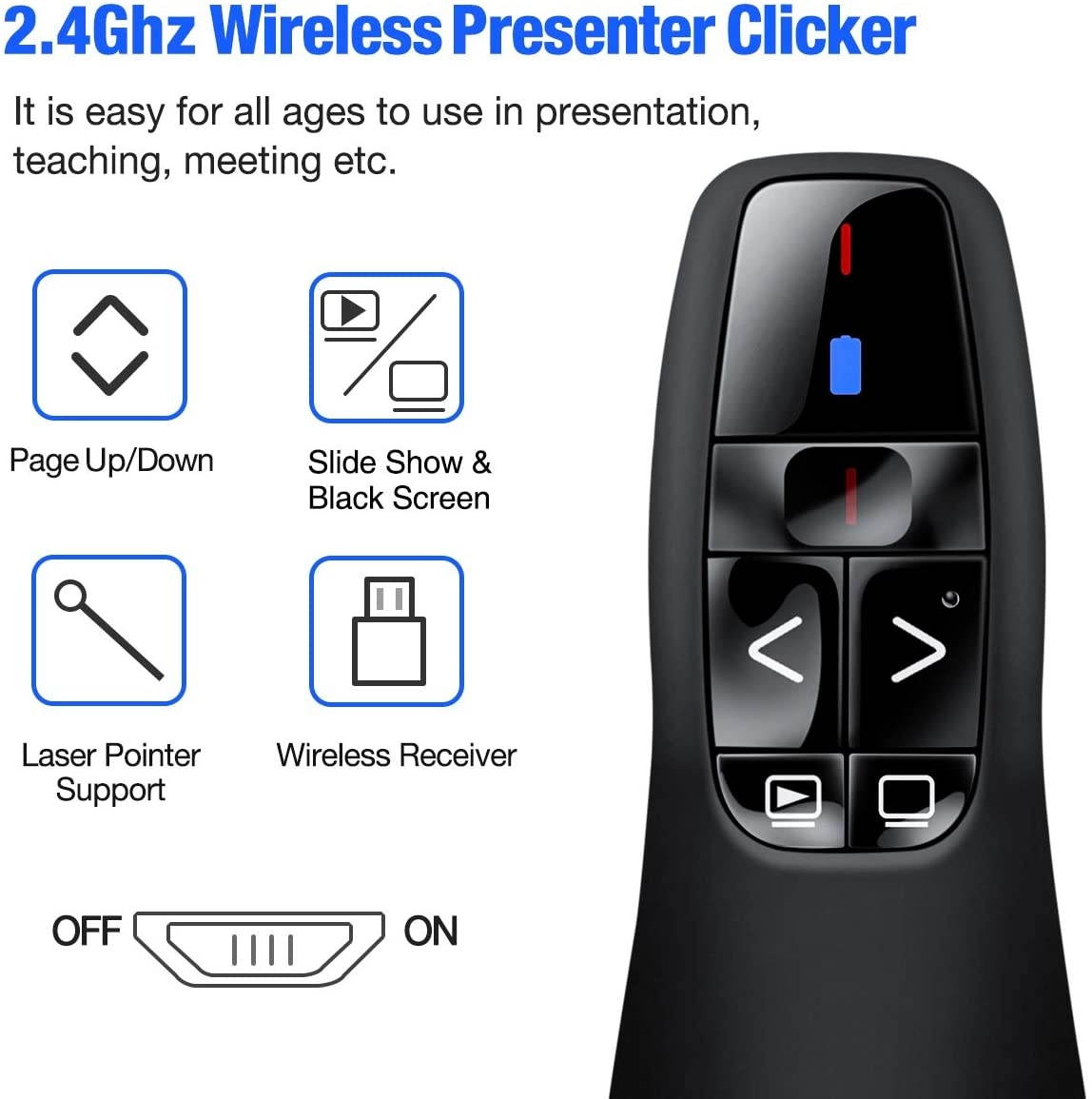 Wireless Presenter Remote,RF 2.4GHz USB Presentation Remote Control PowerPoint Presentation Clicker for Keynote/PPT/Mac/PC