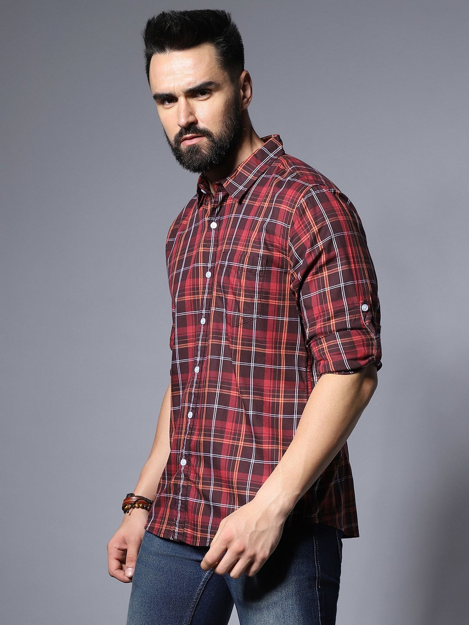 High Star Maroon Relaxed Fit Checks Shirt