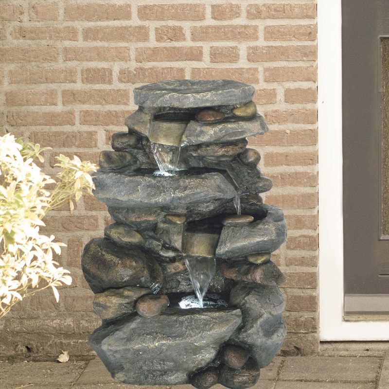 19.4" x 15" x 25.5" Stone Waterfall Outdoor Fountain With LED Lights - Gray - Pure Garden