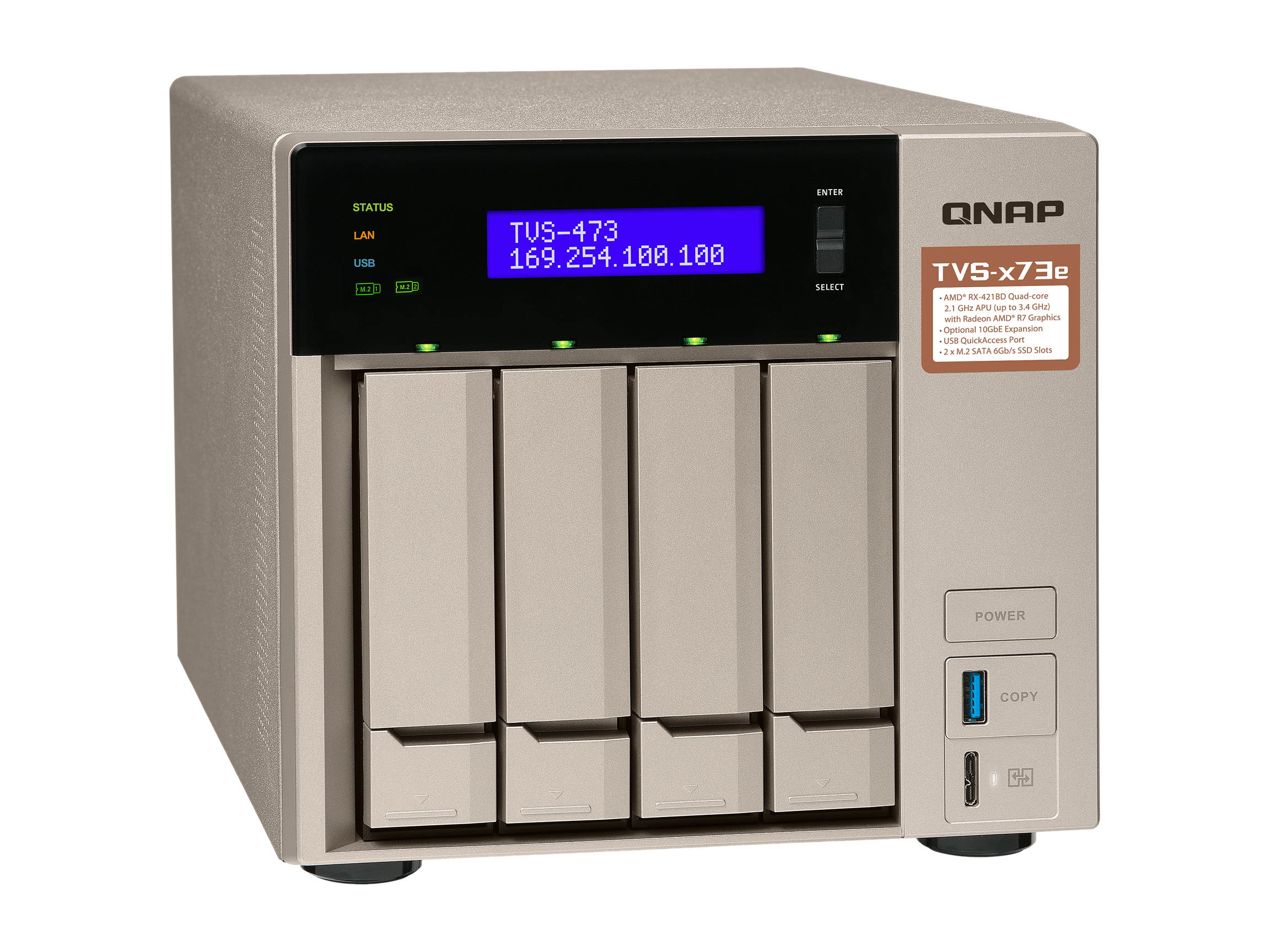 Qnap 4-bay NAS/iSCSI IP-SAN, AMD R series Quad-core 2.1GHz, 4GB RAM, 10G-ready (TVS-473e-4G-US)