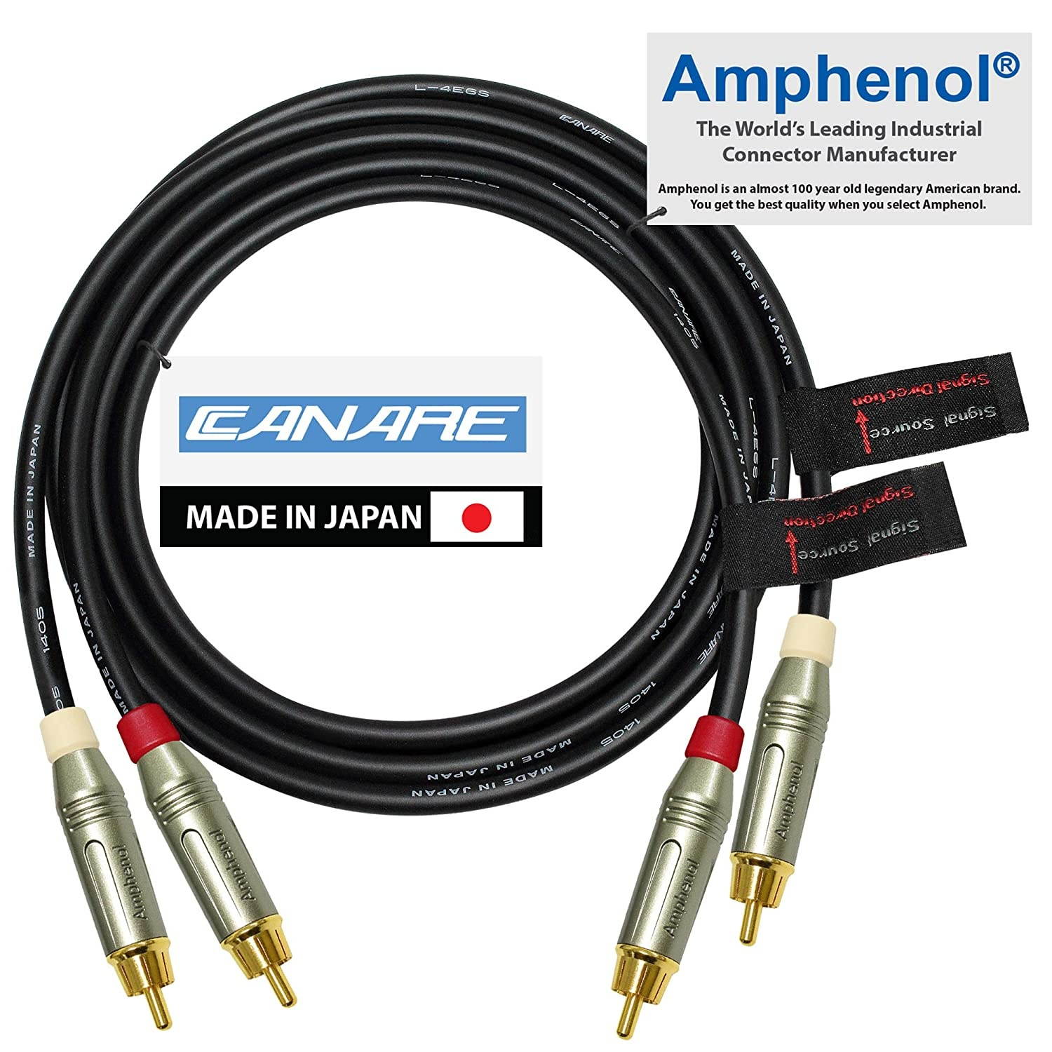 3.5 Foot RCA Cable Pair - Made with Canare L-4E6S, Star Quad, Audio Interconnect Cable and Amphenol ACPR Gold RCA Connectors &ndash; Directional Design - Custom Made by WORLDS BEST CABLES