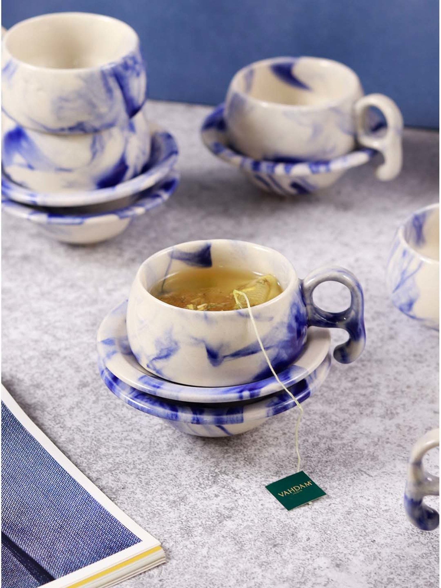 Unravel India Blue Shades Of Earth Chirag Ceramic 12Pc Cup & Saucer (0.15 L)