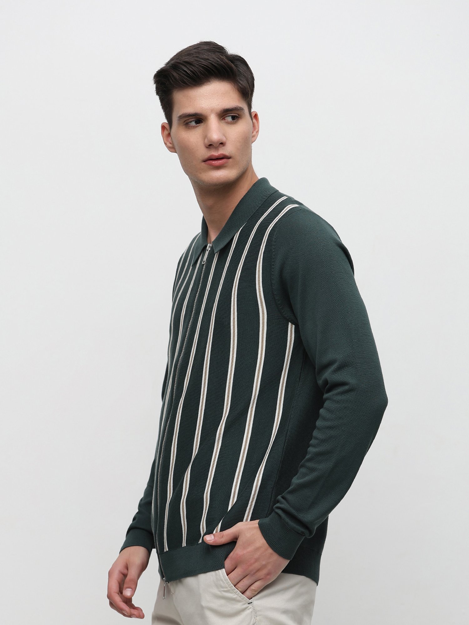 SELECTED HOMME Green Regular Fit Striped Cardigan