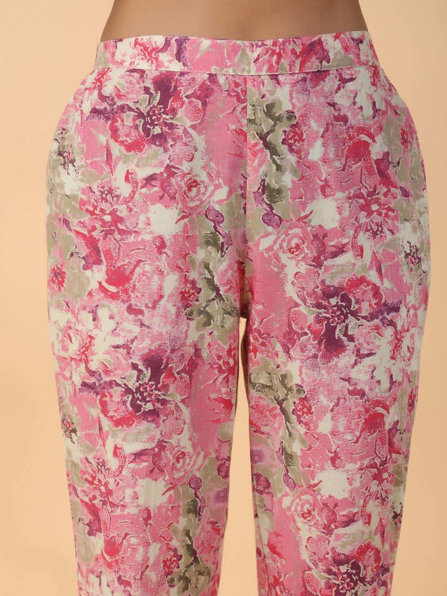 Janasya Beige Cotton Printed Kurta & Pant Set