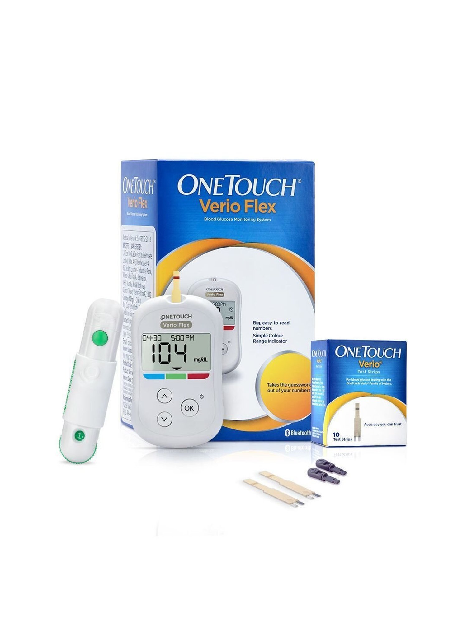 OneTouch Verio Flex glucometer| Syncs with mobile app| 10 Test Strips, 10 Lancets & 1 Lancing device