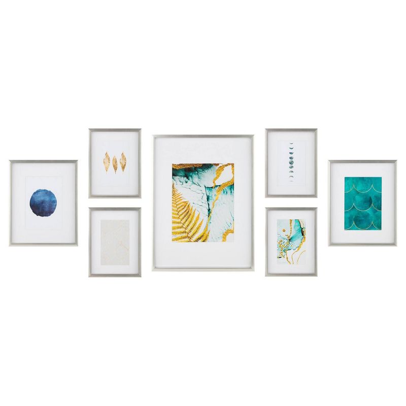 7pc Gallery Wall Frame Set with Decorative Art Prints and Hanging Template Silver - Gallery Solutions