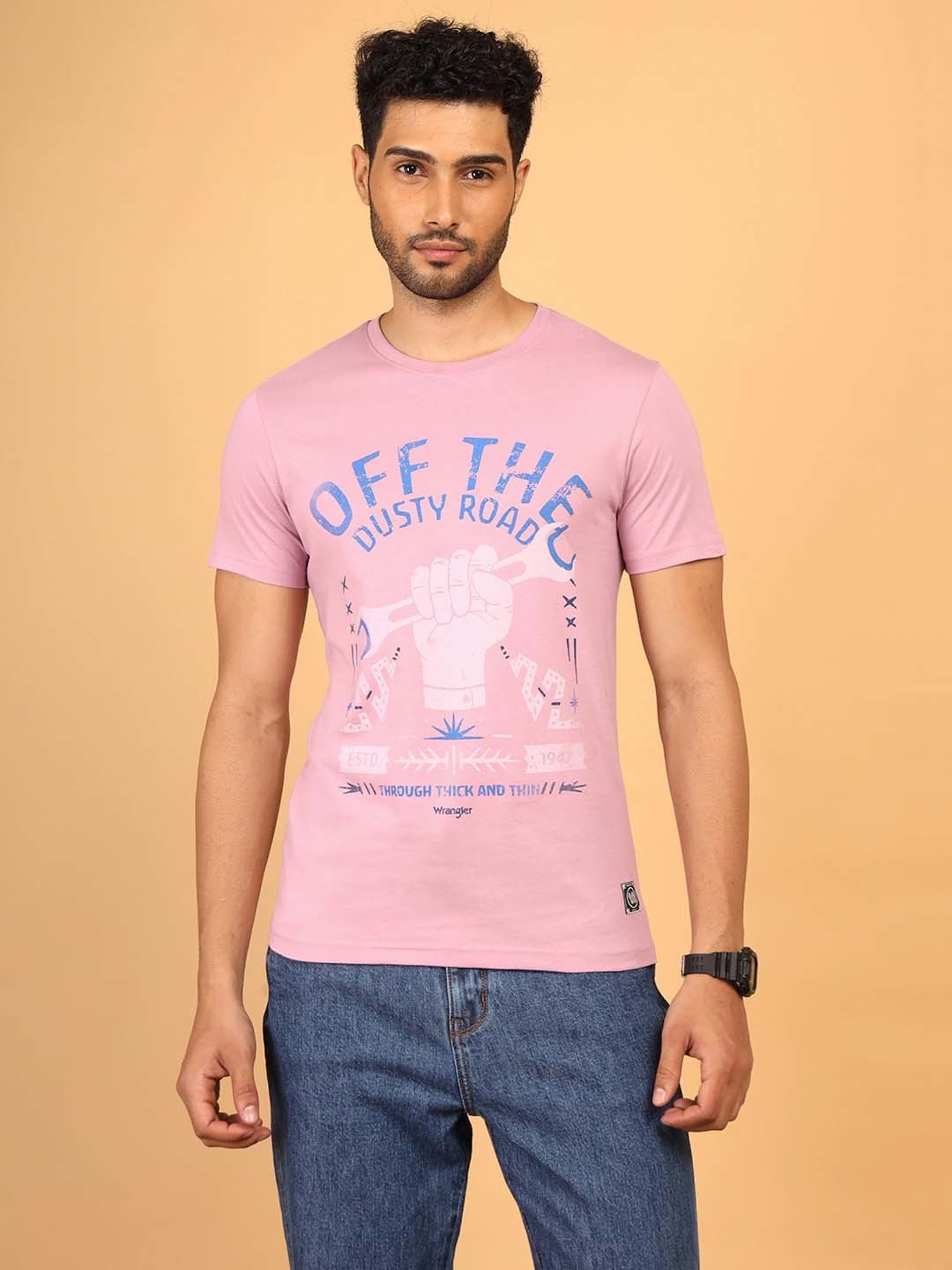 Wrangler Pink Regular Fit Graphic Print Cotton Crew T-Shirt
