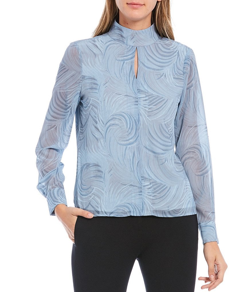 Donna Karan New York Mock Neck Long Sleeve Deco Plume Print Blouse
