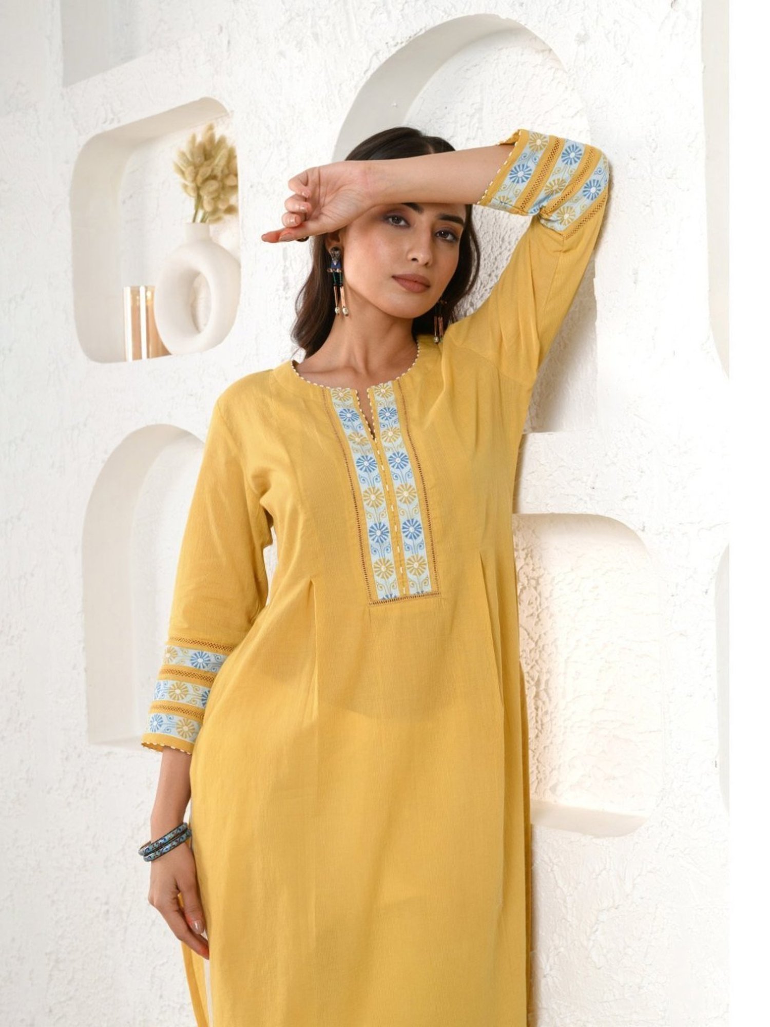 Prakriti Jaipur Yellow Embroidered Dobby Kurta