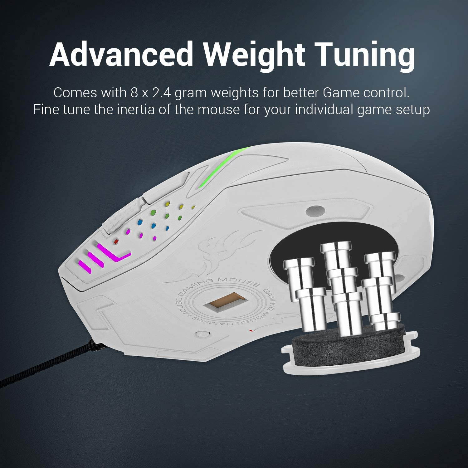 White Mouse,Gaming Mice, RGB Gaming Mouse Backlit Wired Ergonomic 7 Button Programmable Mouse Centrophorus with Macro Recording & Weight Tuning Set 7200 DPI for Windows PC