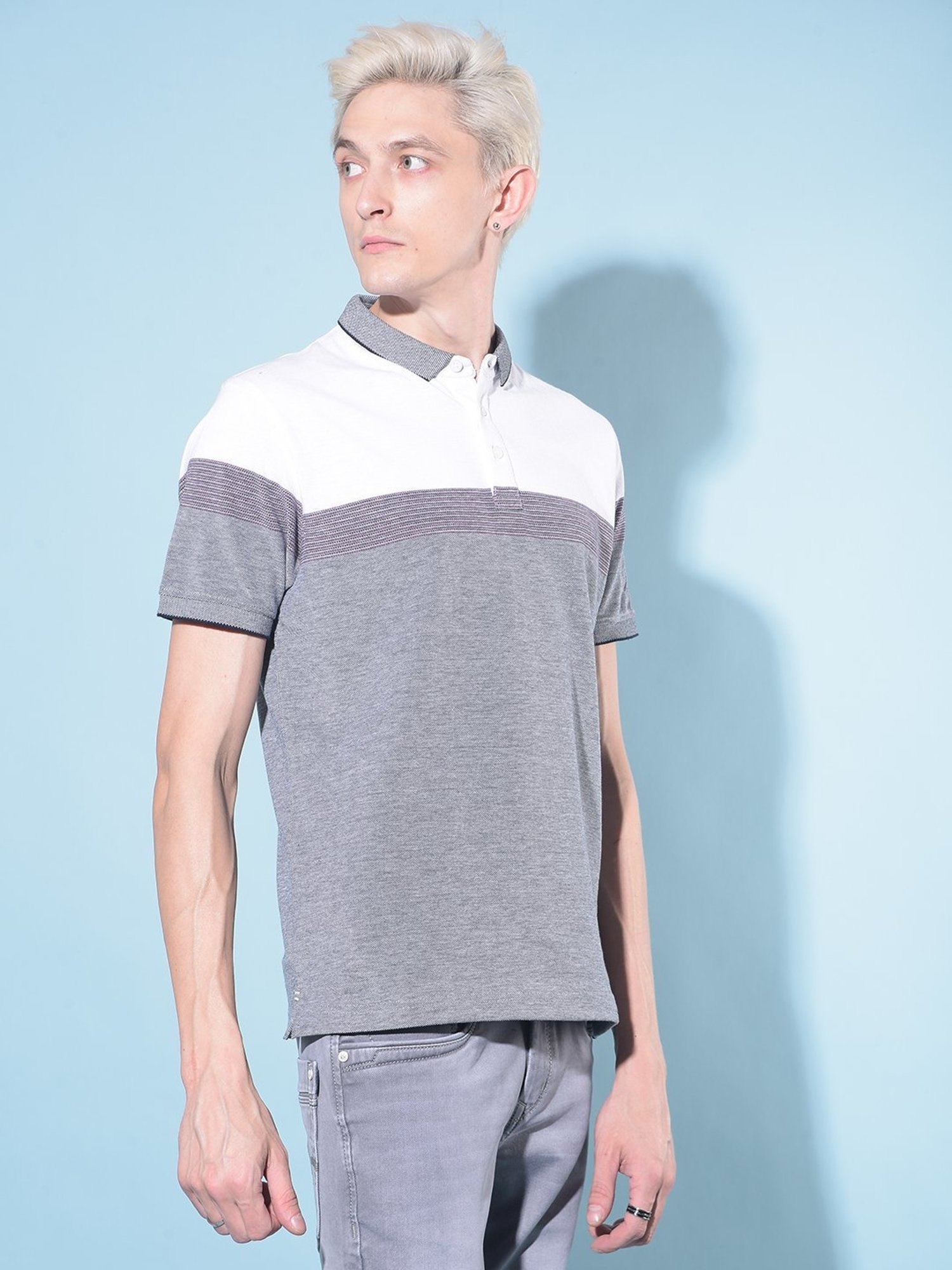 Crimsoune Club Grey  Slim Fit Striped Polo T-Shirt