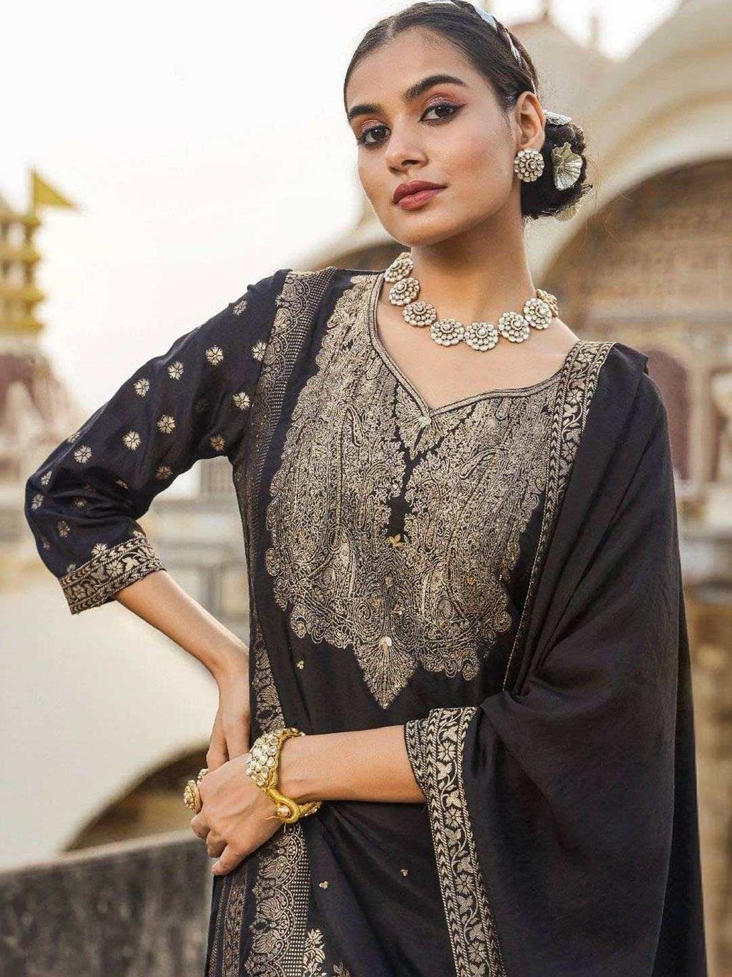 Scakhi Black Dola Silk Jacquard Embellished Kurta and Pant With Dupatta