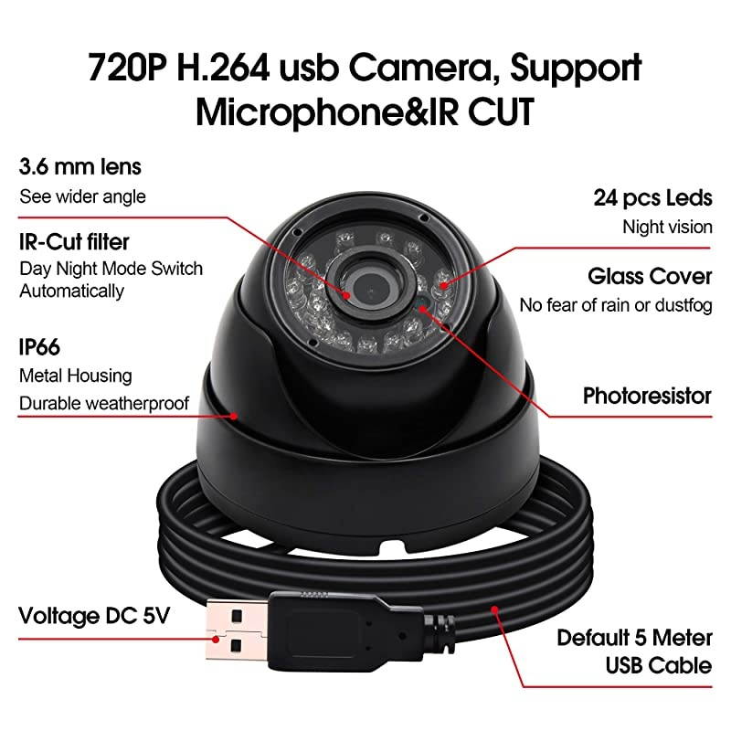 Camera 1 Megapixel USB Webcam with CMOS OV9712 Image Sensor Waterproof Indoor Outdoor Web CameraUSB with Cameras with Microphone UVC for Use in Android Linux Windows Mac Raspberry PiPlugPlay