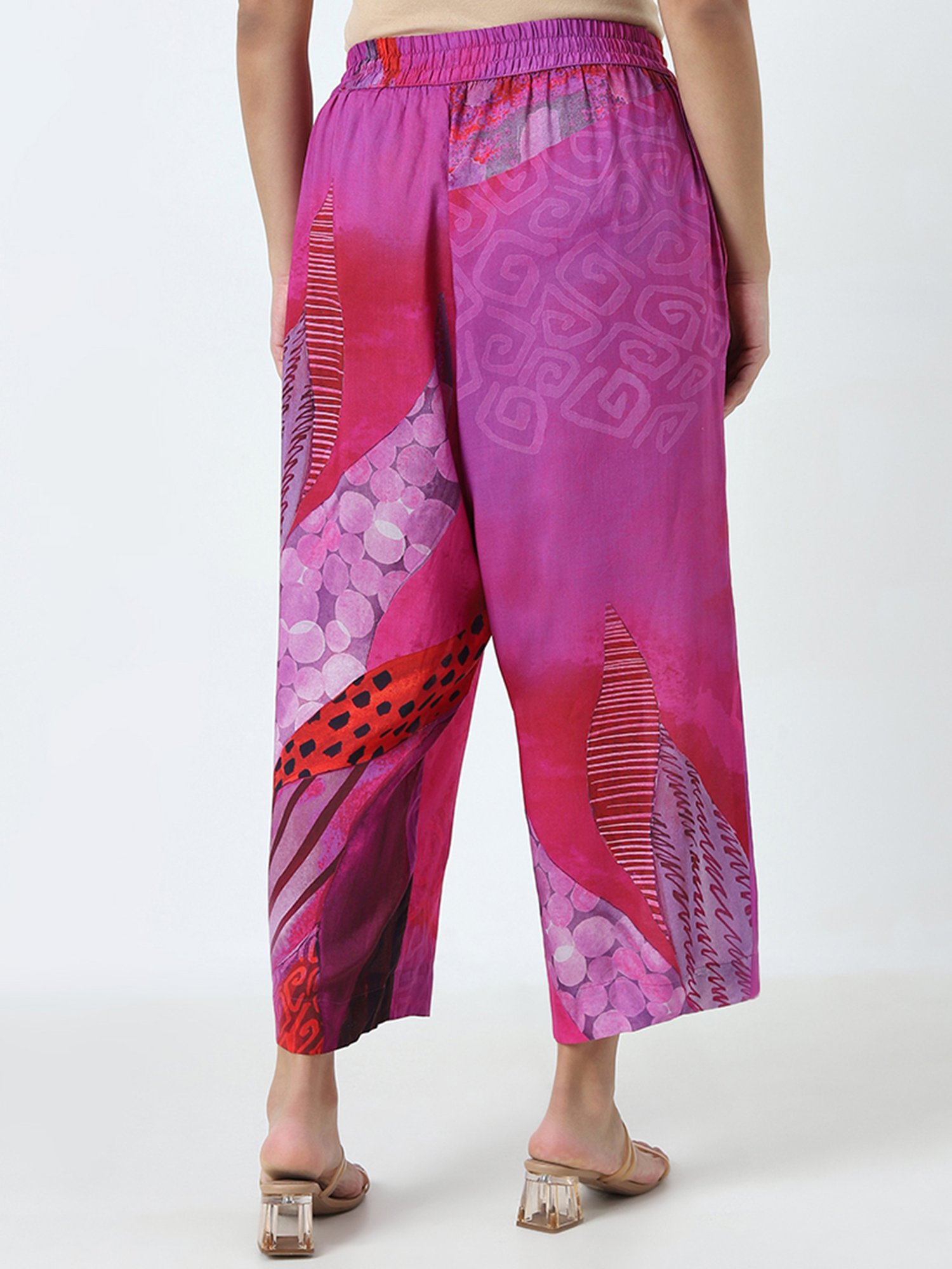 Diza by Westside Magenta Printed High-Rise Palazzos