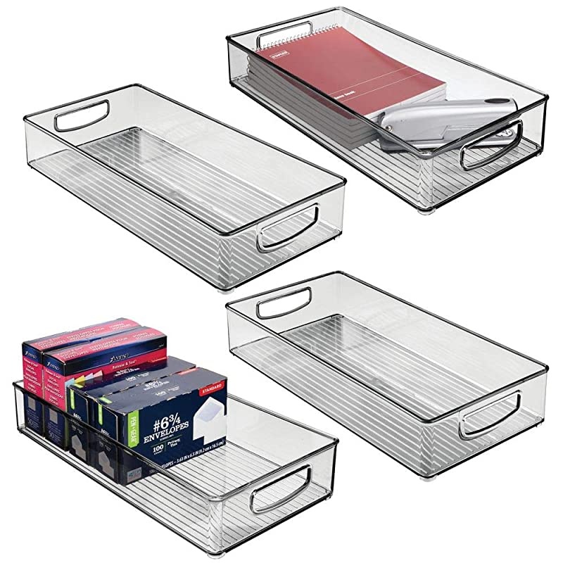 Plastic Storage Bin with Handles for Office Desk Book Shelf Filing Cabinet Organizer for Sticky Notes Pens Notepads Pencils Supplies BPA Free 16 Deep 4 Long Smoke Gray