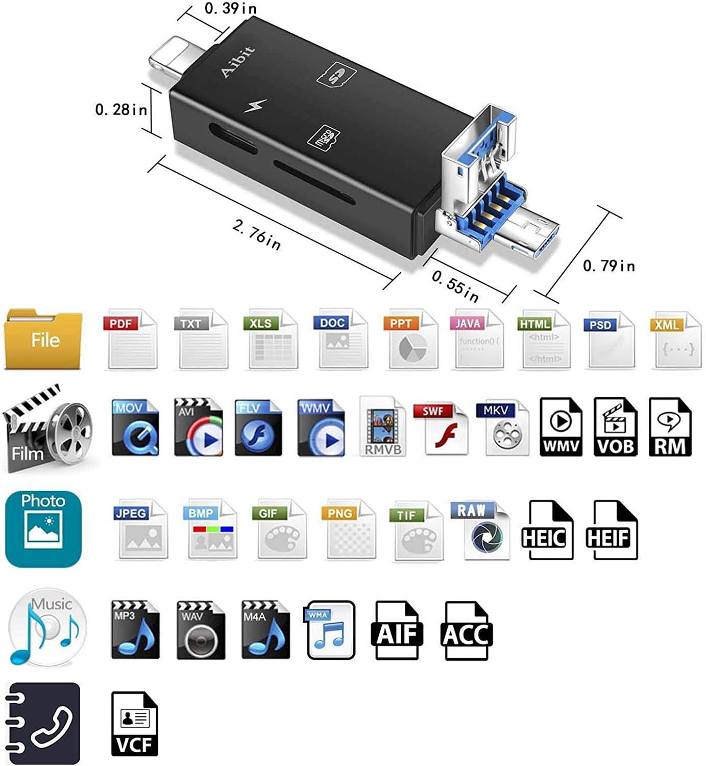 Aibit SD Card Reader for iPhone iPad Android Mac Computer Laptop Hunting Cam GoproTF Memory Micro SD Card Adapter for Trail Game Camera ViewerCompatible to iPhone iPad Charging (Black)