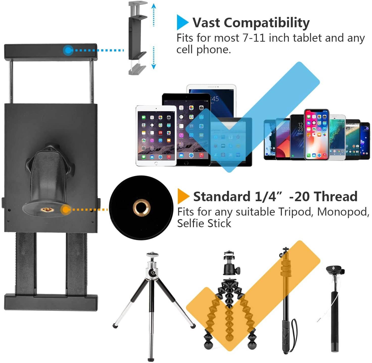 APPS2Car Sturdy Tablet and Phone Tripod Mount for iPad Samsung Tablet Cell Phone More, Rotatable Tiltable Tripod Adapter Stand Clamp Holder for Video Recording Photo Booth Live Music Camera
