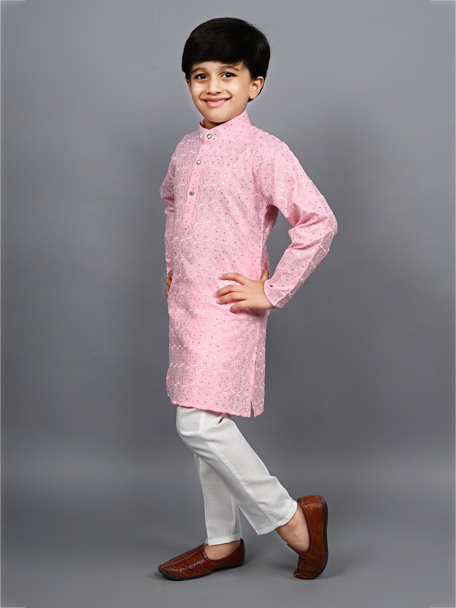 Ahhaaaa Kids Light Pink & White Embellished Full Sleeves Kurta With Pyjamas
