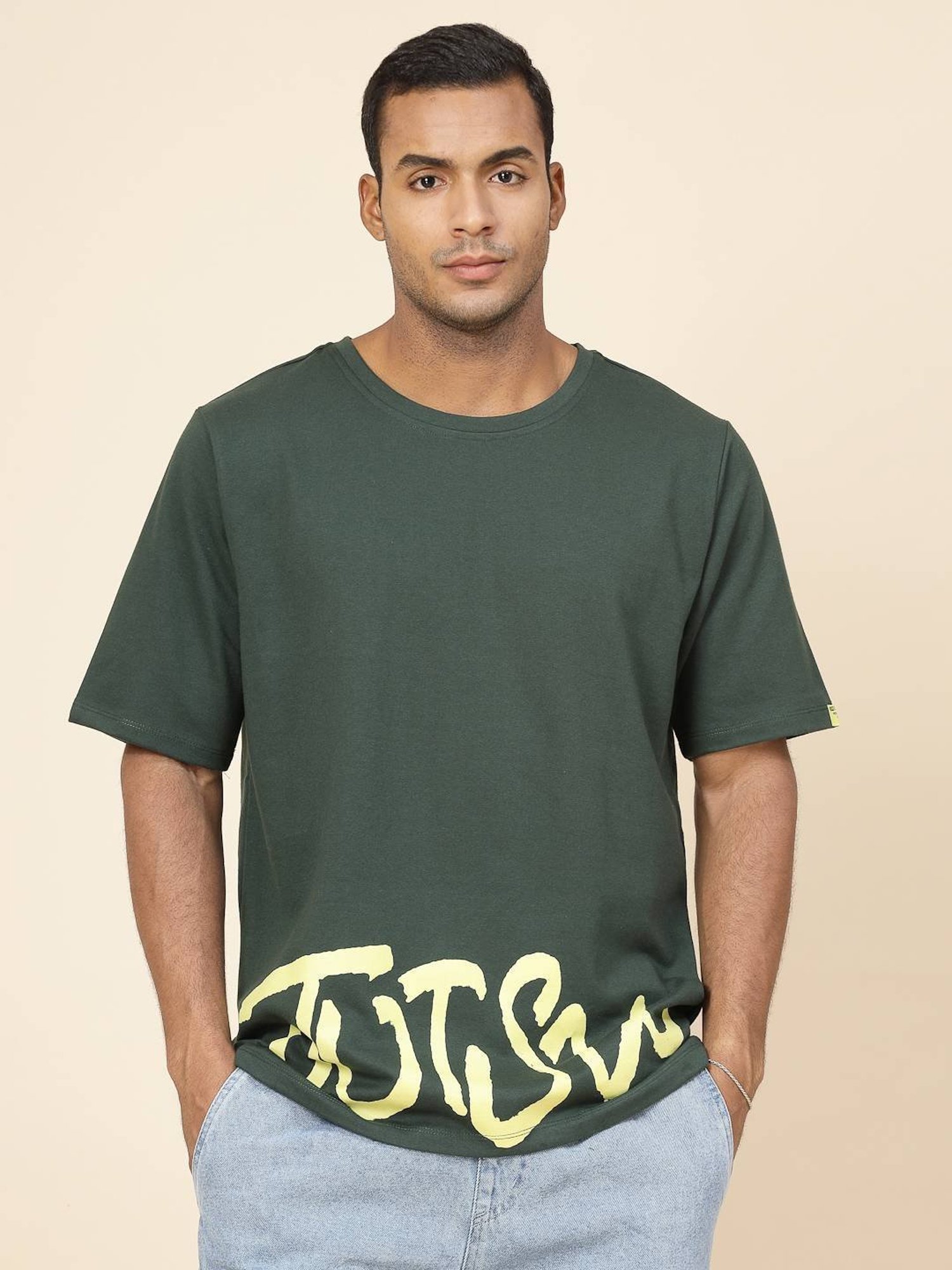 Rigo Bottle Green Cotton Loose Fit Typography T-Shirt