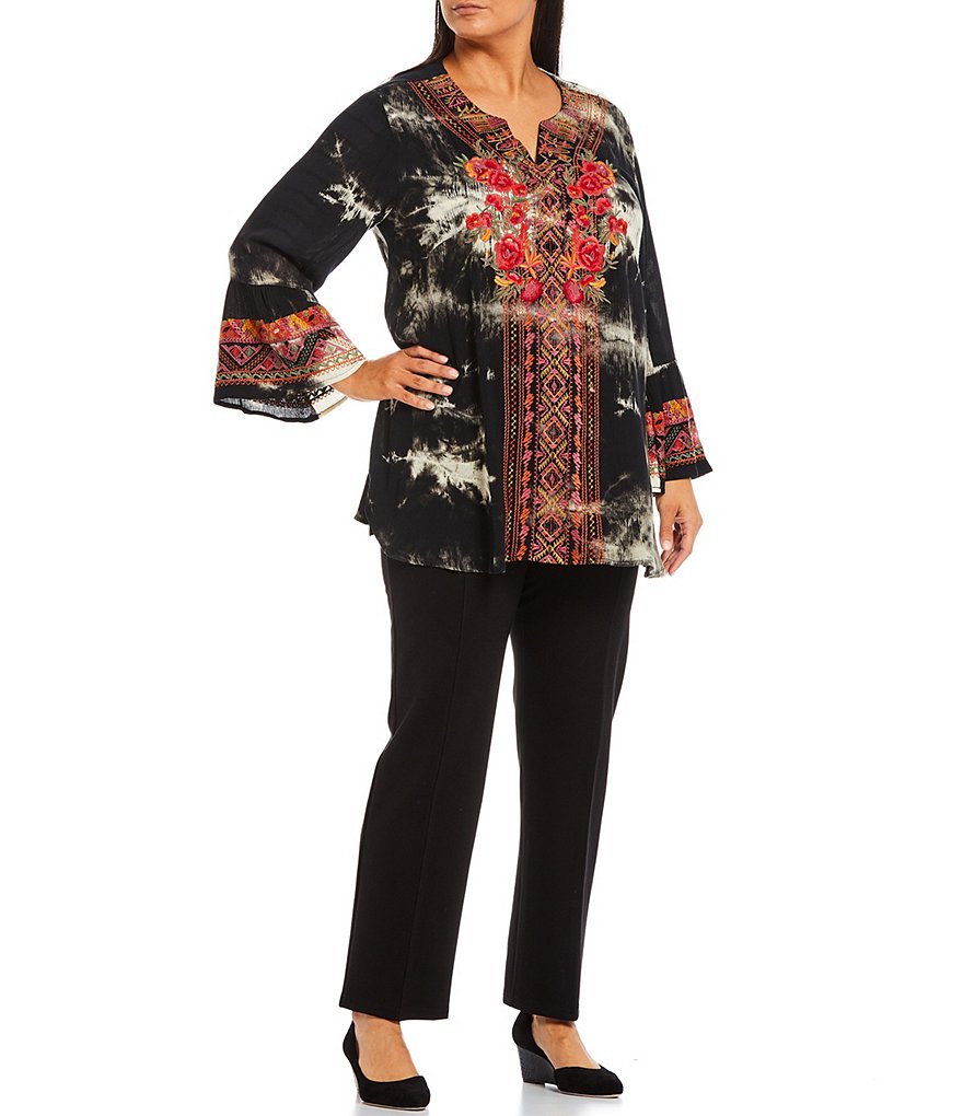 Calessa Plus Size Split Jewel Neck 3/4 Embroidered Bell Cuff Tunic