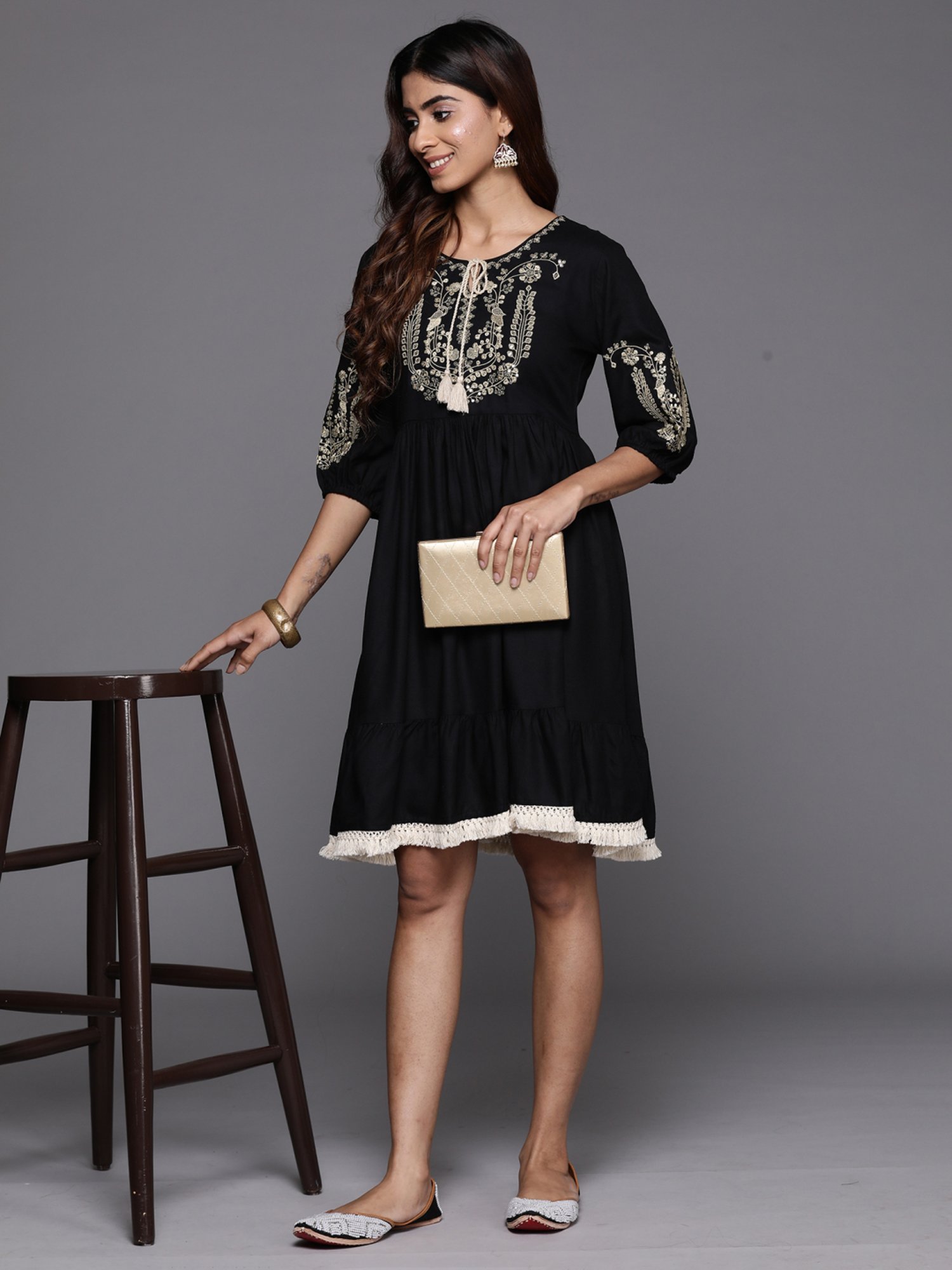 Indo Era Black Embroidered A-Line Dress