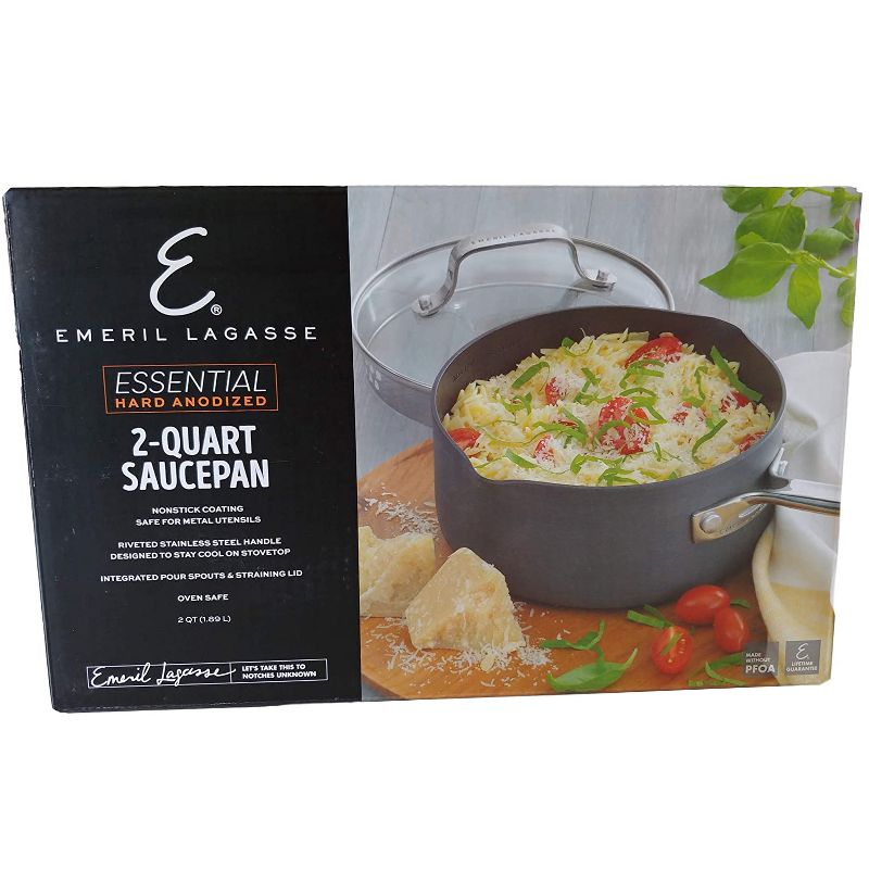 Emeril Lagasse Nonstick Hard Anodized Versatile 2 Quart Cooking Sauce Pan with Easy Pour Spout and Straining Lid, Gray (2 Pack)