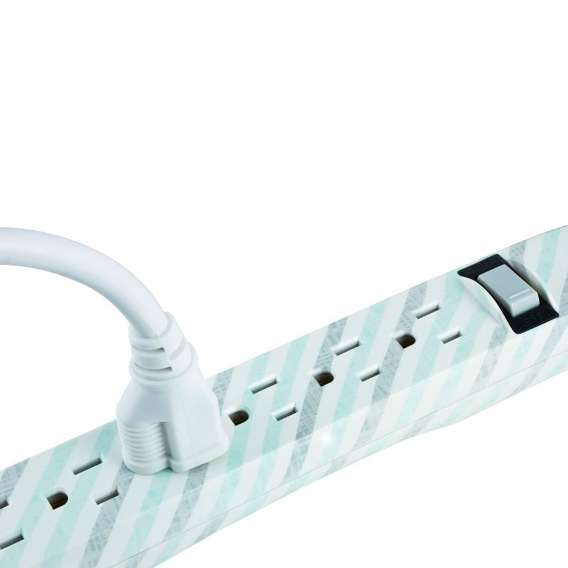 GE General Purpose 6-Outlet Power Strip with 4ft Extension Cord, Striped Design, White, Gray and Mint
