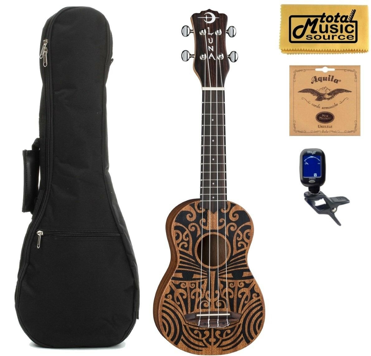 Luna UKE TRIBAL SOPRANO Ukulele, Natural W/Gigbag,Tuner,Strings & PC, UKE TRIBAL
