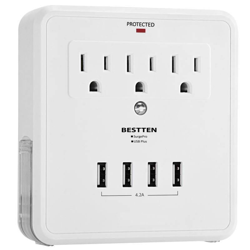 BESTTEN Multi Outlet Wall Mount Tap Adapter Surge Protector with 4 USB Charging Ports, 3 Electrical Outlet Extenders and 2 Slide Out Phone Holders, 15A/125V/1875W, White