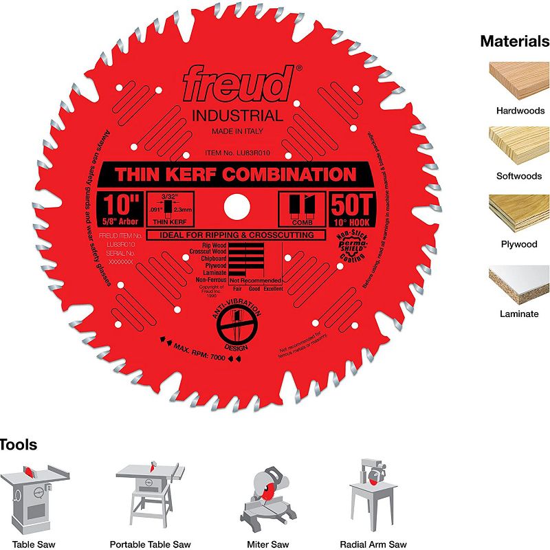 Freud LU83R010 10 Inch 50T Thin Kerf Ultimate Combination Splinter Free Anti Vibration Cutting Saw Blade for Crosscutting and Ripping (2 Pack)