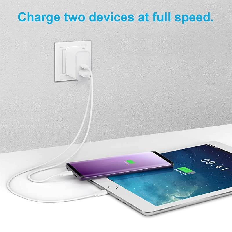 Updated Power Delivery USB Wall Charger, QC 3.0 Technology, Fast 3A/18W Dual Ports Wall Charger, Portable Phone Charger Plug, Compatible with iPhone, iPad, Samsung, Google Pixel and More