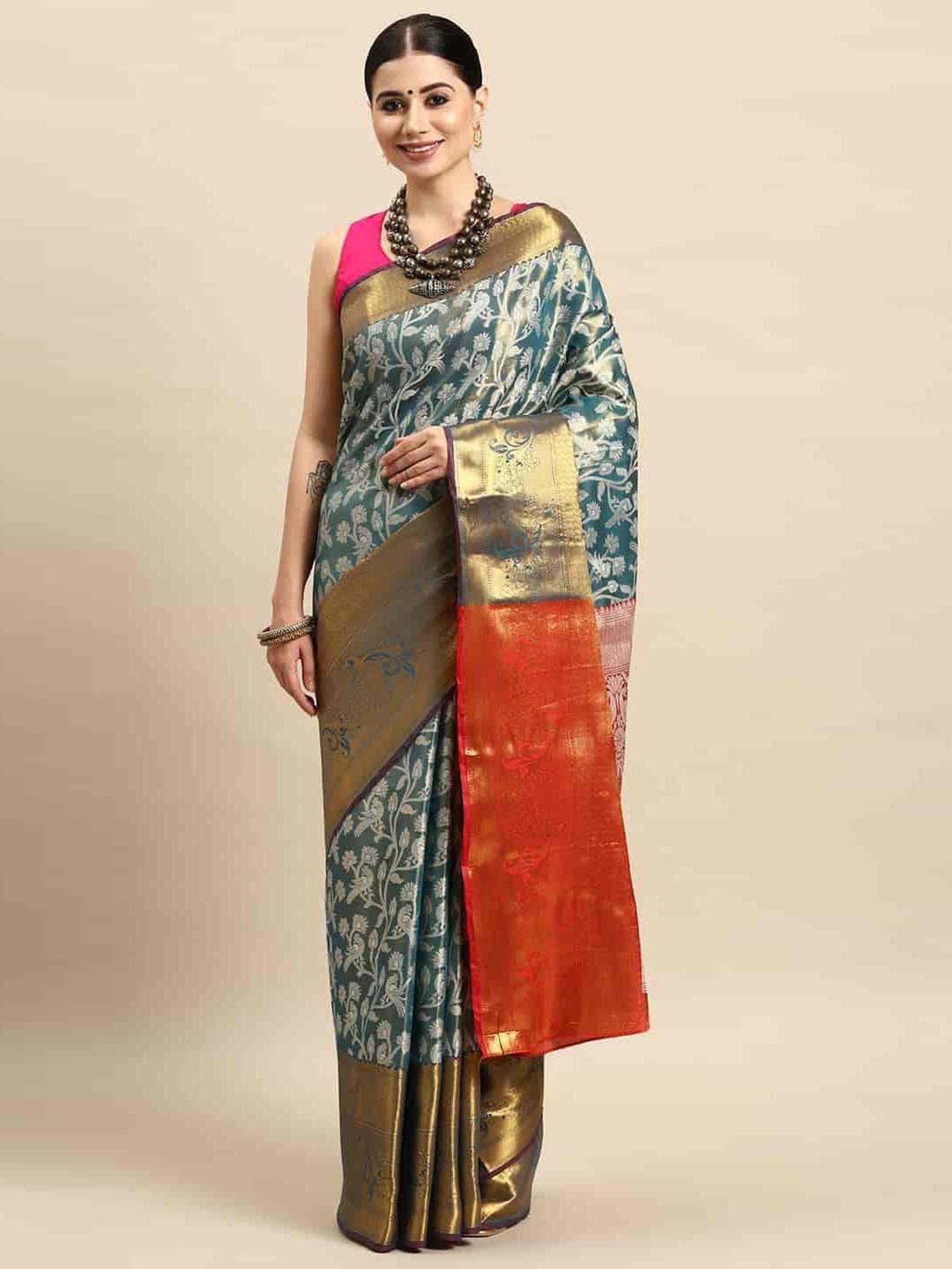 Silk Land Teal Blue Woven Saree With Unstitched Blouse