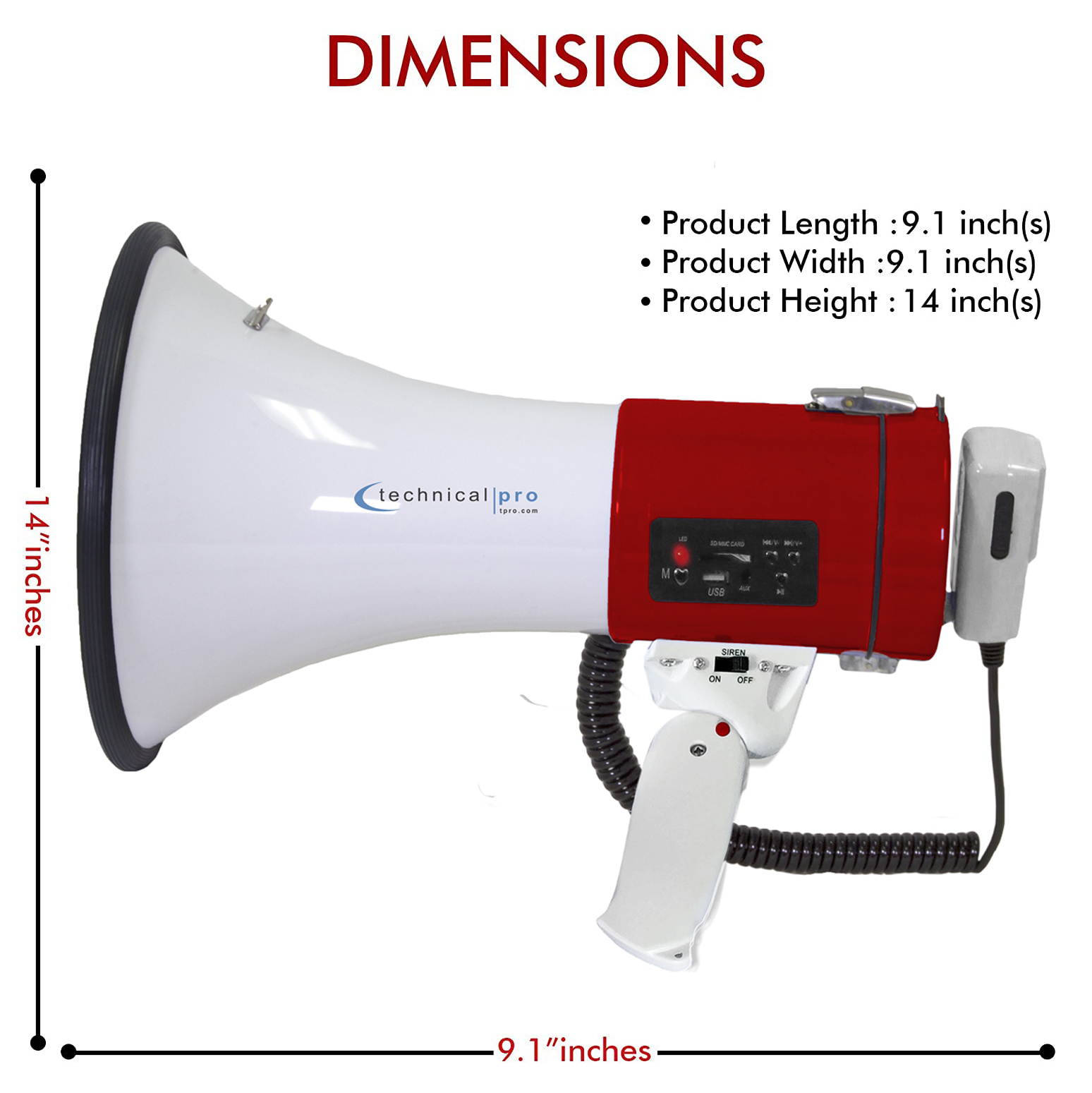 Technical Pro Portable 50-Watt Megaphone Bullhorn Speaker w/ Siren & Detachable Microphone - Rechargeable Megaphone Battery w/ a Built-In AC Wall Charger, Good for Trainers, Coaches, Cheer Leaders