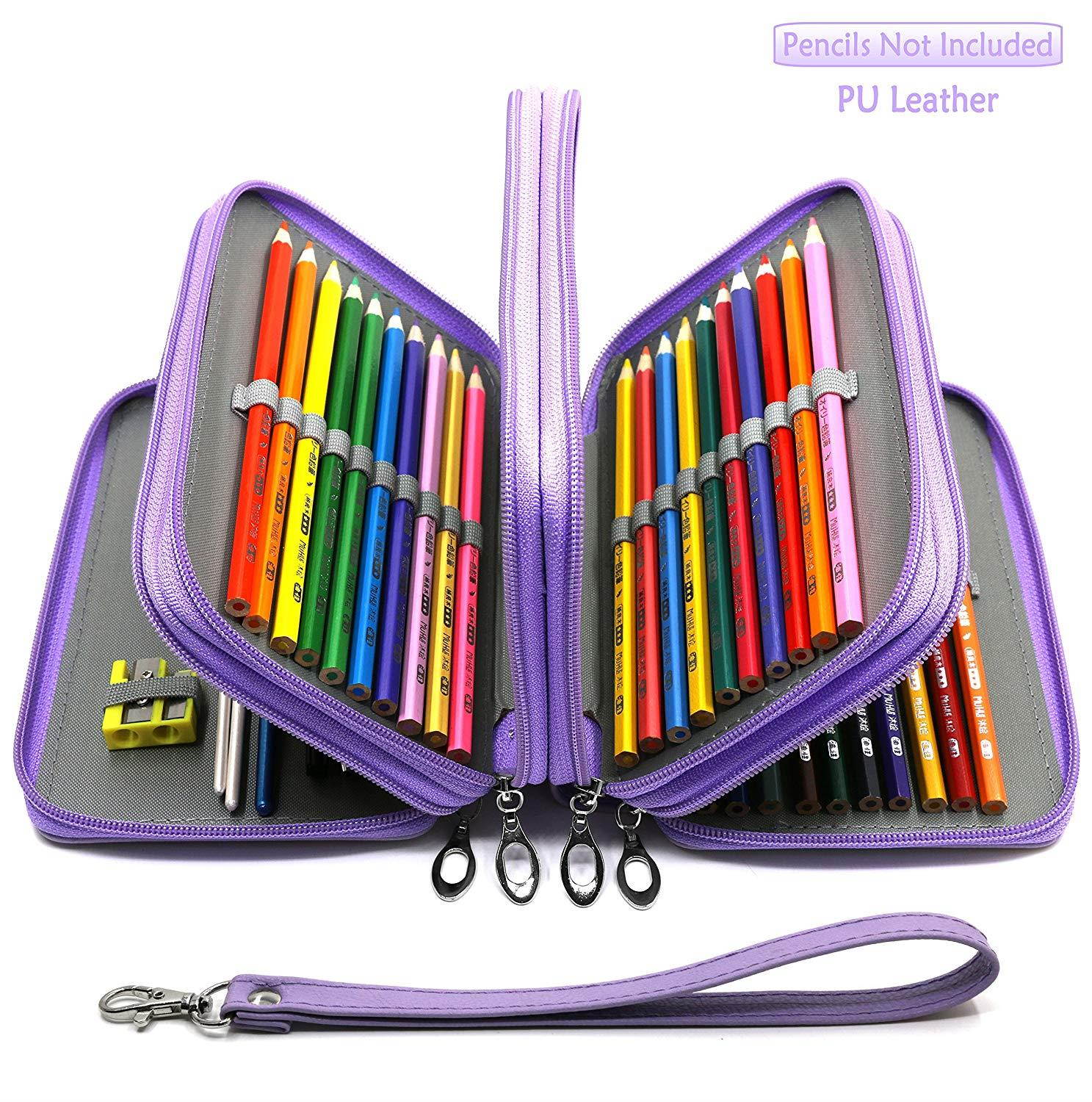 YOUSHARES 72 Slots Pencil Case - PU Leather Handy Multi-layer Large Zipper Pen Bag with Handle Strap for Colored/Watercolor Pencil (Purple)