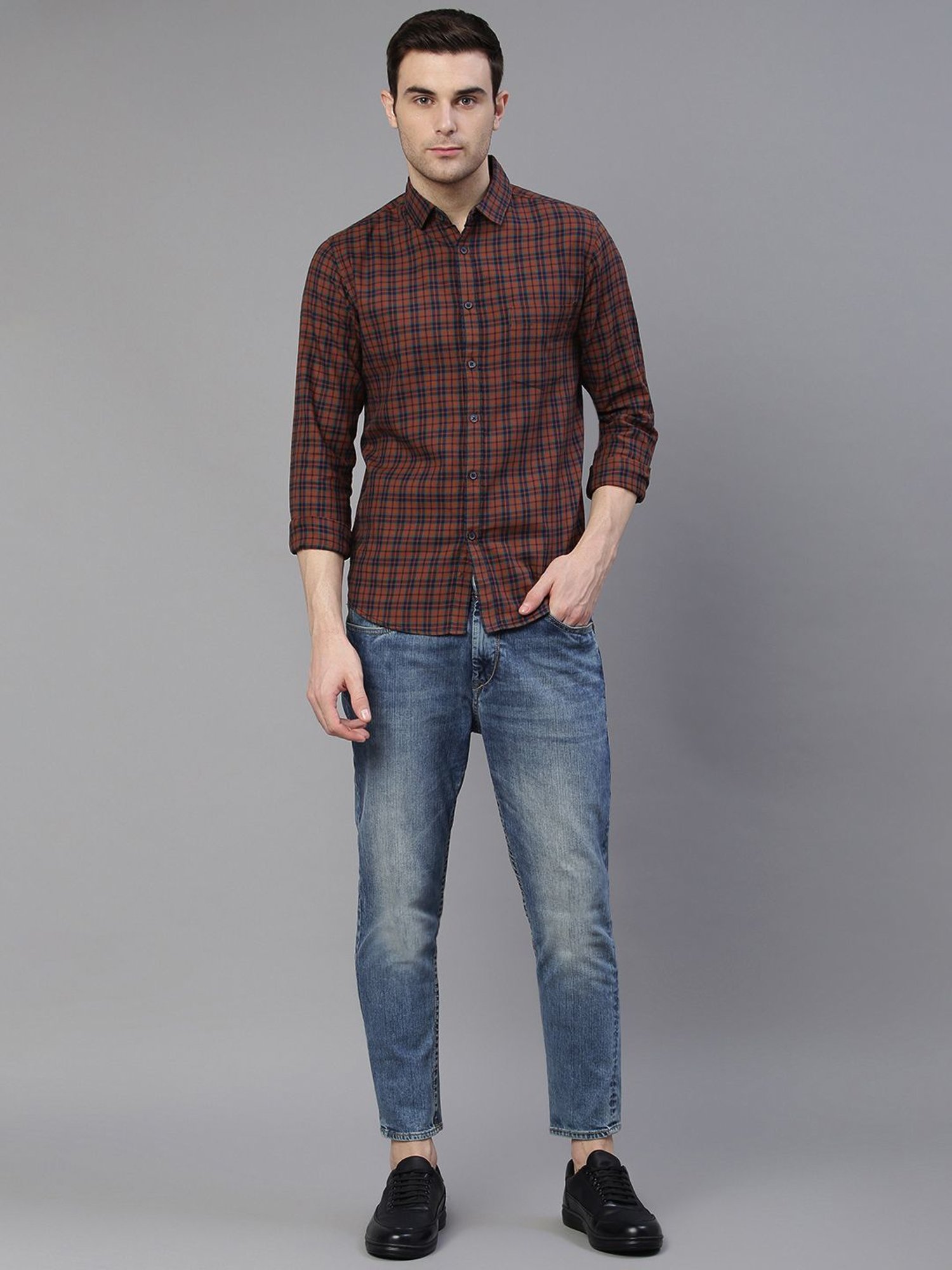 Dennis Lingo Brown & Navy Cotton Slim Fit Checks Shirt